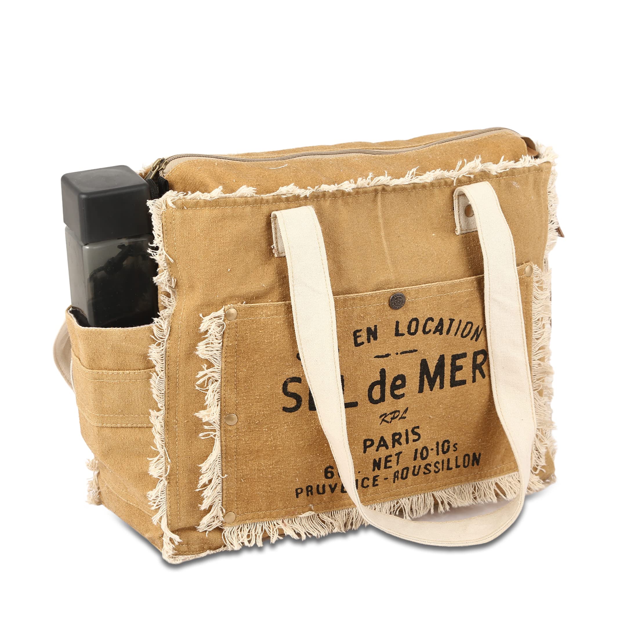 SEL de MER Upcycled Large Canvas Crossbody/shoulder Bag for women with removable shoulder strap canvas tote boho handbag (Khakhi)