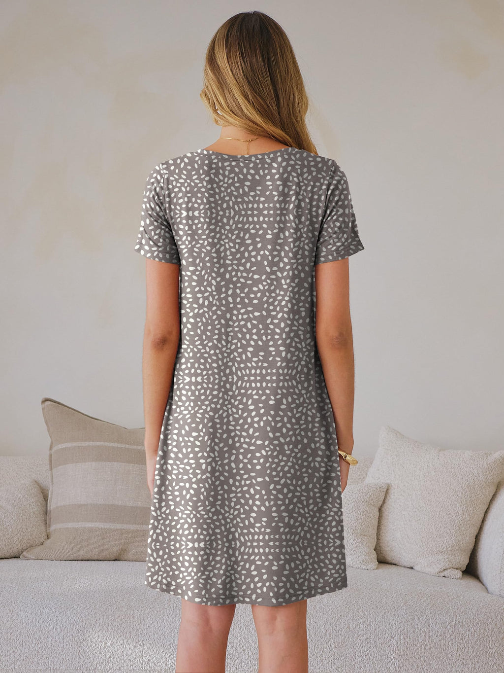 ANRABESS Women's Summer T Shirt Dress Casual V Neck Short Sleeve Floral Boho Flowy Mini Dresses 2026 Beach Vacation Clothes Light Brown White Spots Large