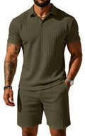 UOUA Mens Shorts Set Twisted Texture Polo Shirt & Shorts Casual 2 Piece Summer Outfits Short Sleeve Vacation Set Army-Green M