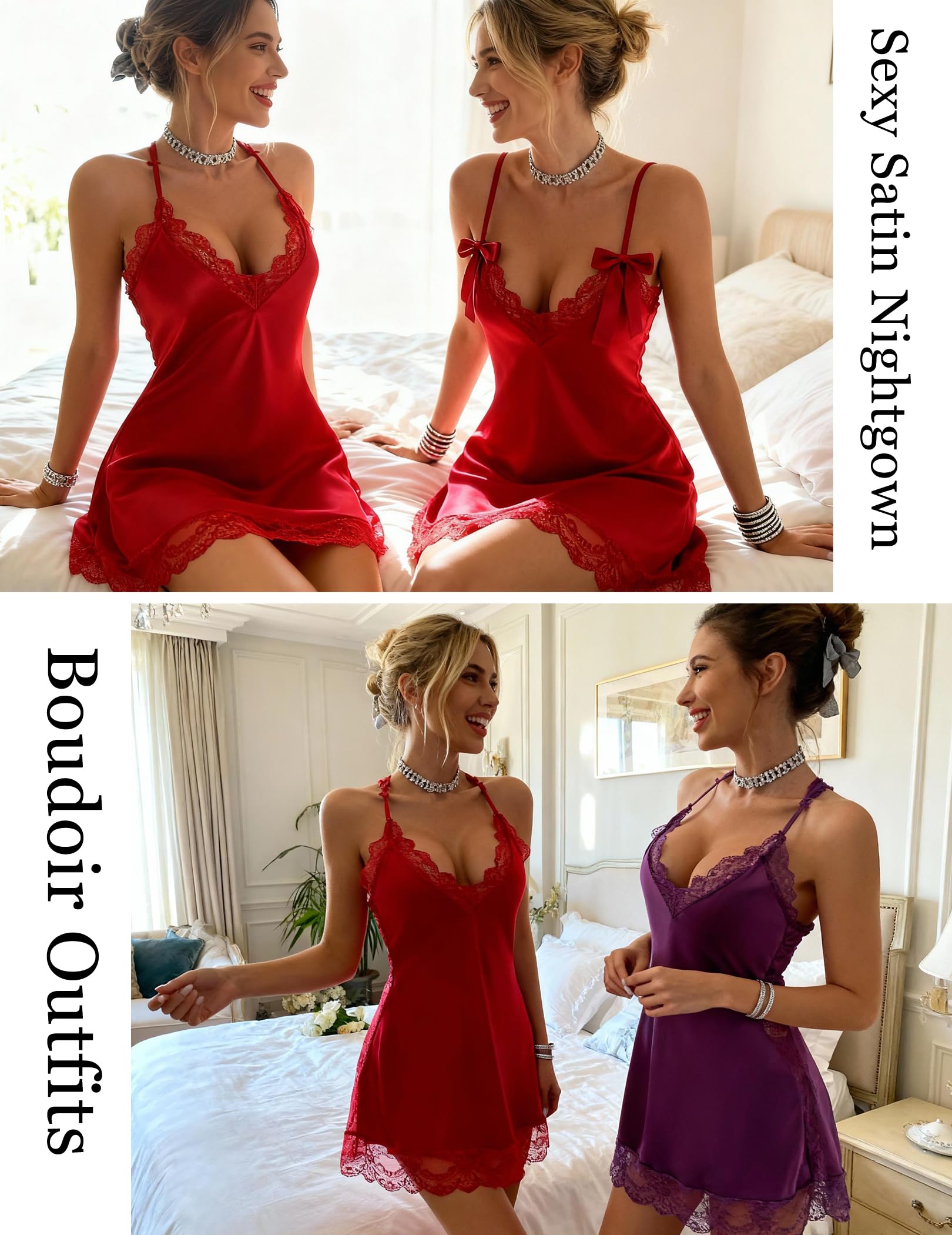 Avidlove Valentines Day Outfit Satin Lace Sexy Lingerie Sexy Slips Nightgown Red Large