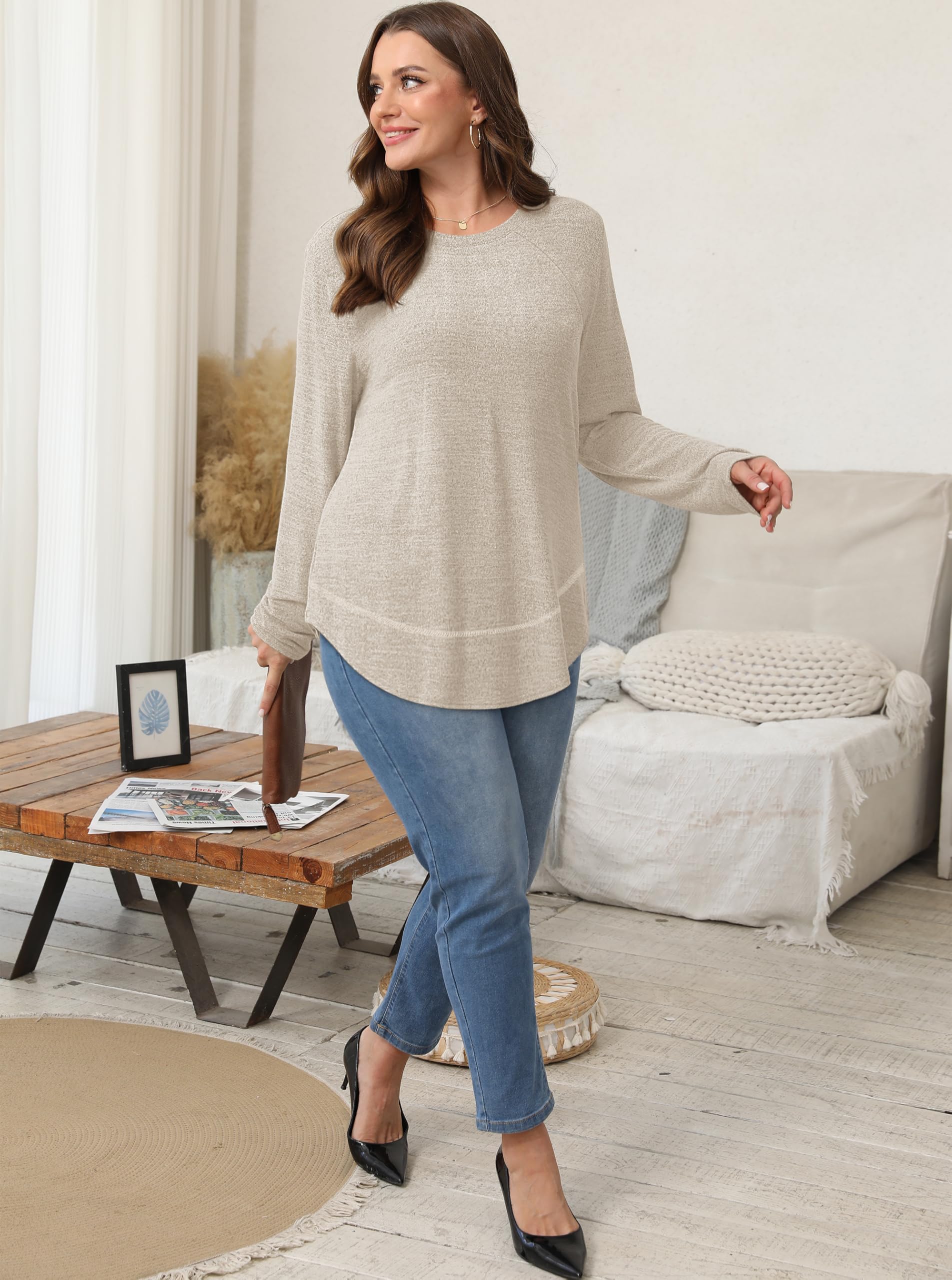 Sampeel Womens Early Fall Fashion 2025 Tunic Tops for Women Loose Fit Dressy Casual Sweaters Long Sleeve Shirts Fall Clothes Comfiest Airport Outfits Beige L