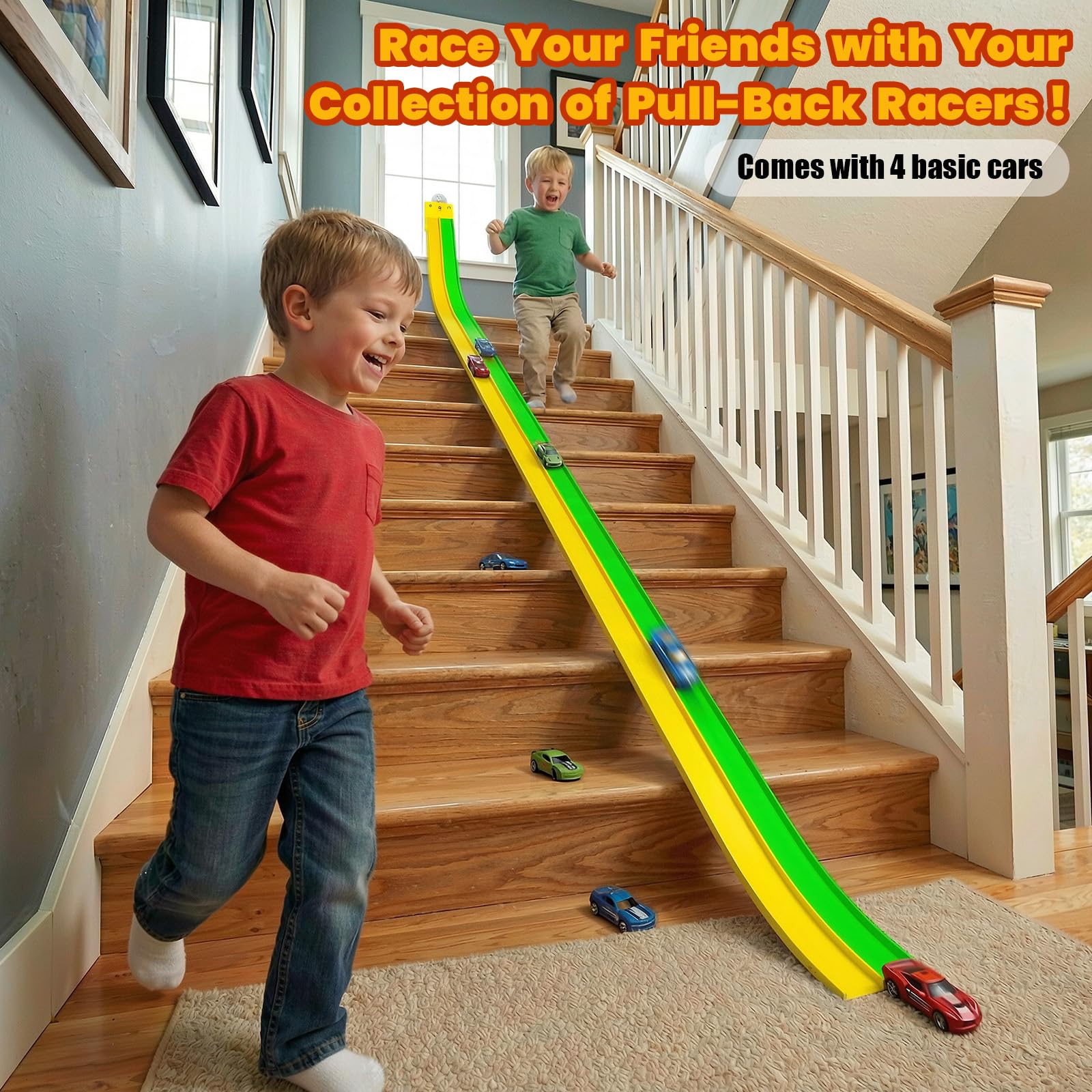 Flex Track 15ft for Kids, Build-Your-Own Creative Race Track Set, Dual-Tone Green & Yellow with Toy Cars & Parts