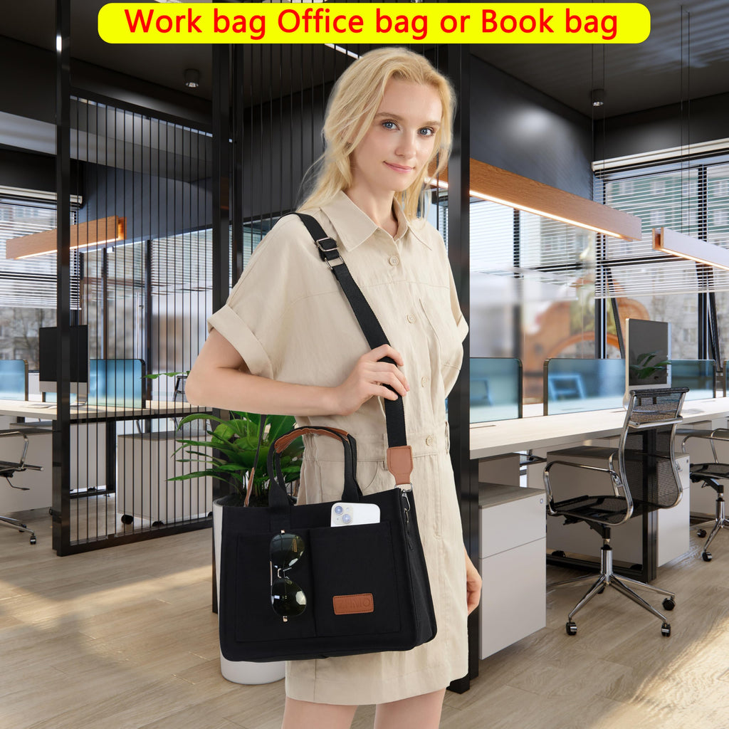 ZHMO Canvas Tote Bag for Women With Compartments and Pocket,Black Women's Bags Crossbody Bags Work Laptop Tote Bag Large Satchels Handbag Tote Purse Everyday Shoulder Bag for Travel Nurse Teacher Gift