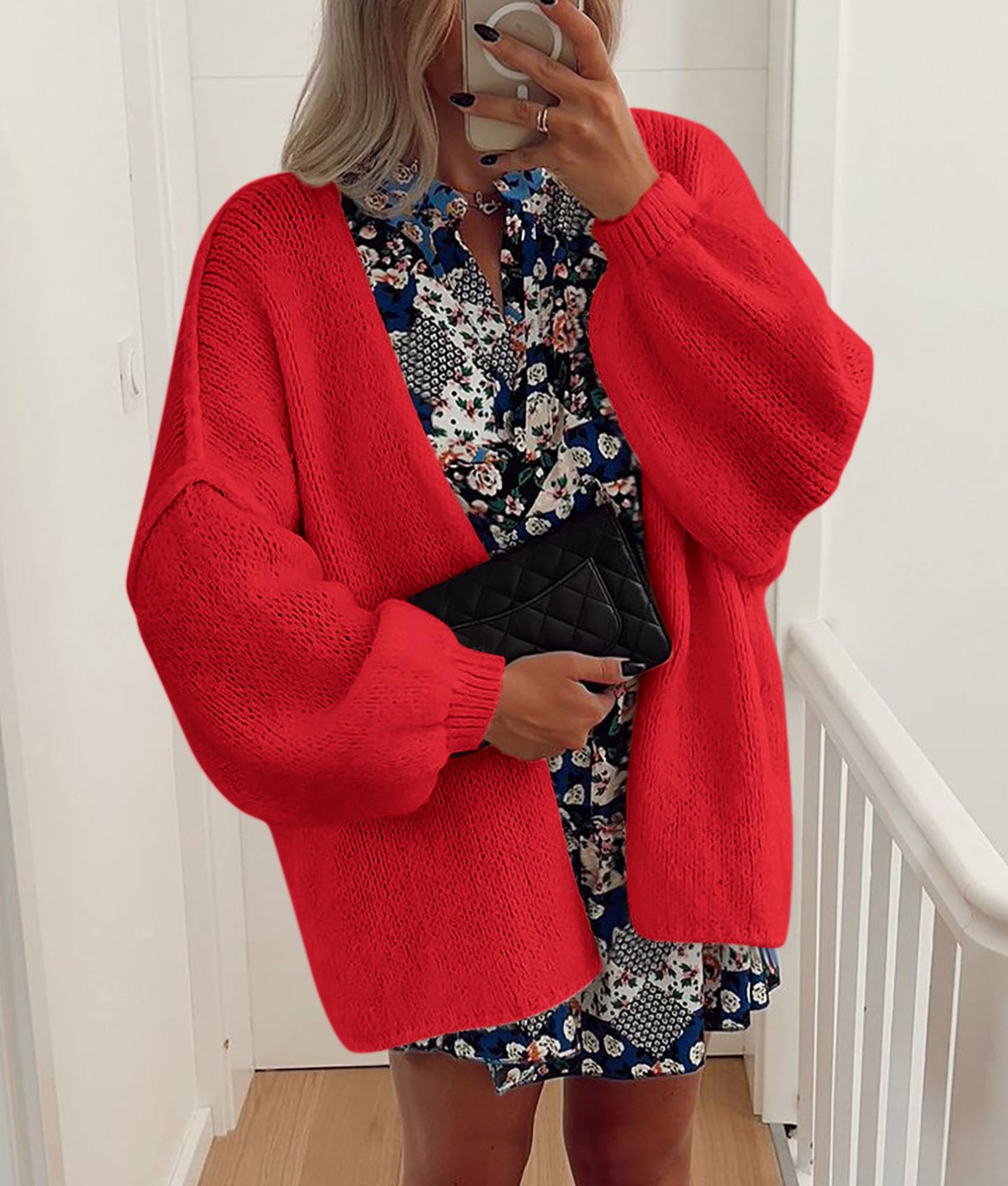 PRETTYGARDEN Womens Oversized Cardigan Sweaters 2026 Fall Long Lantern Sleeve Knit Open Front Lightweight Sweater (Red,Large)