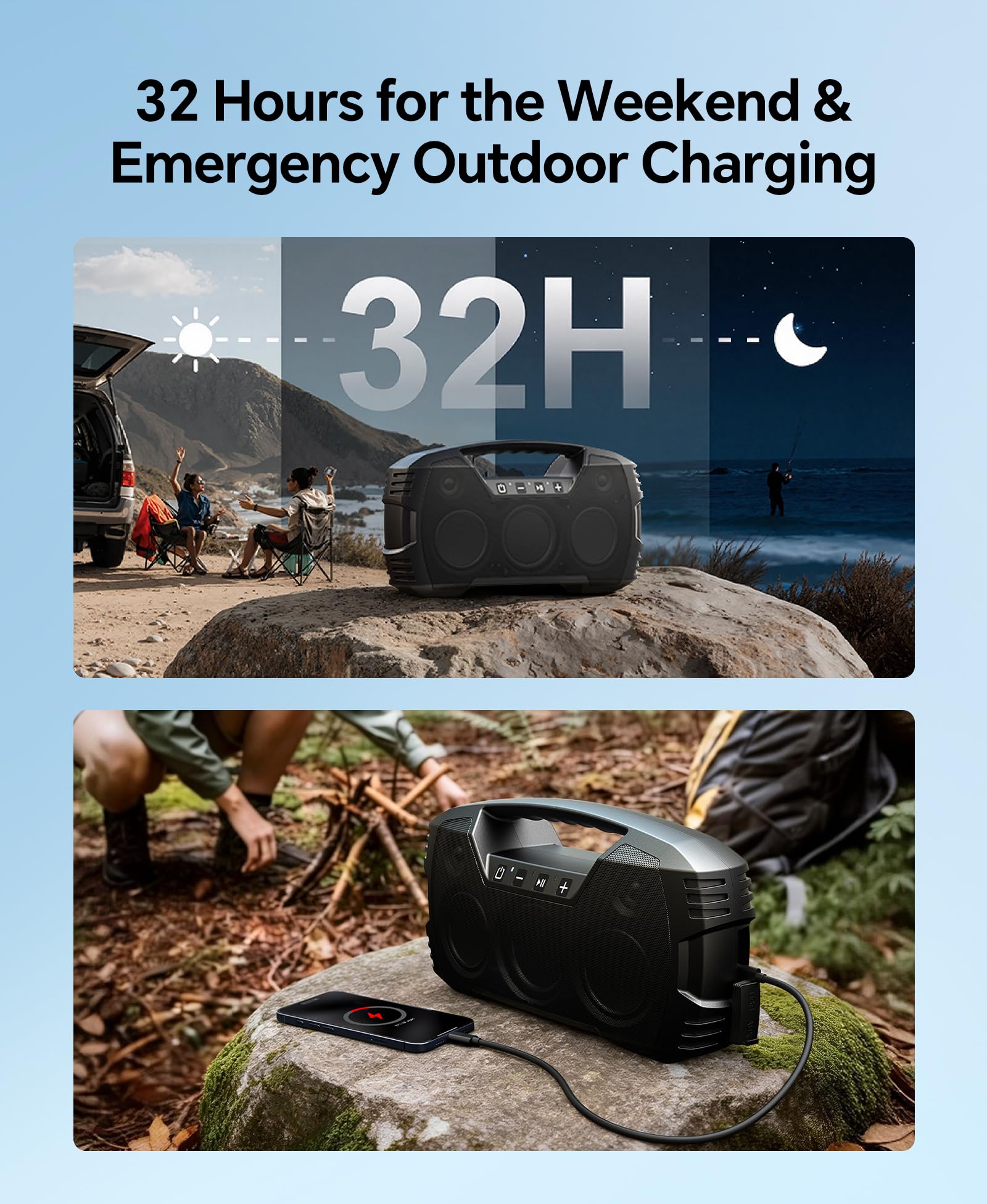 IPX7 Waterproof Outdoor Bluetooth Speaker, Wireless, 90W(Peak), 32H Playtime, Floating Design, Deep Bass & Loud Stereo Sound, Portable with Handle, Rugged for Pool, Beach, Kayaking, Hiking, Black