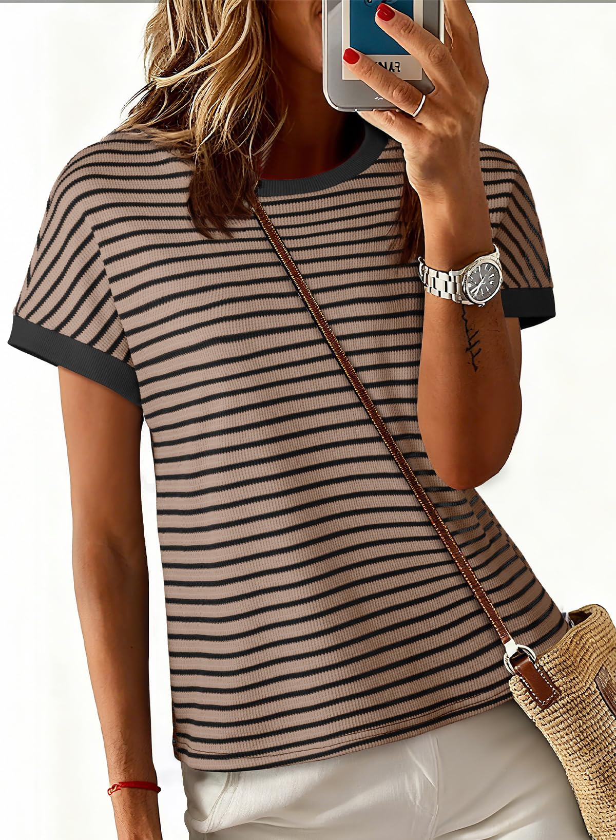 Acelitt Women’s Short Sleeve Knit Tops 2026 Trendy Crewneck Striped T Shirts Casual Summer Blouses Outfits Khaki Medium