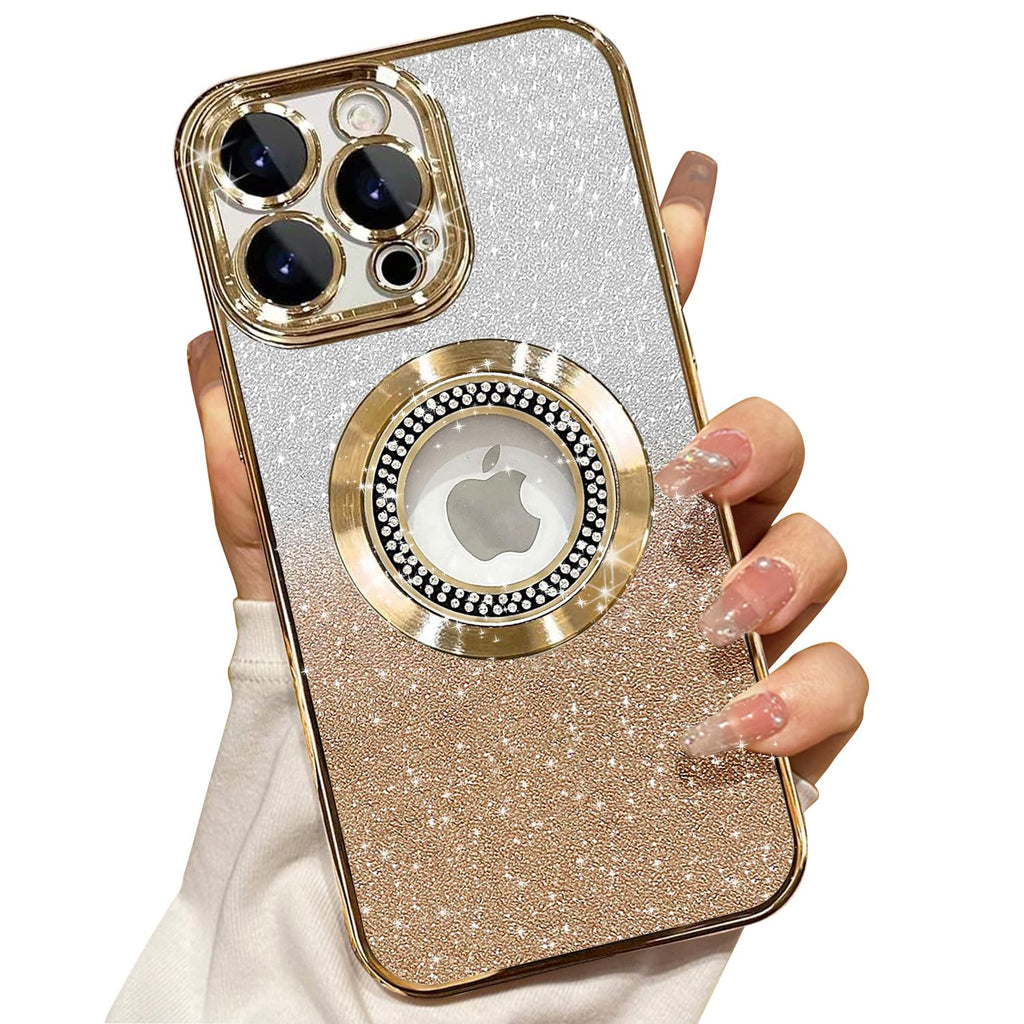 Misscase for iPhone 14 Pro Magnetic Glitter Case Compatible with MagSafe,Full Protection Slim Shockproof Anti-Scratch Case with Camera Lens Protector Logo View Dust-Proof Net for Women Gold
