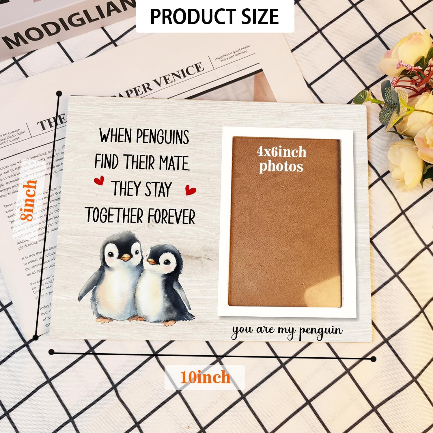 Penguin Photo Frame Gift, Engagement Picture Frame, Wedding Gifts for Couple, Valentine's Gift for Him Her, Anniversary Couple, fits 4x6 Photo, When Penguins Find Their Mate They Stay Together Forever