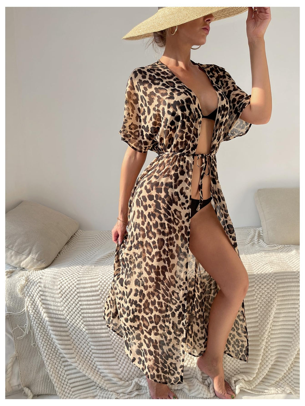 WDIRARA Women's Leopard Print Open Front Long Kimono Swimsuit Cover Up Sheer Beach Bathing Suit Coverups Multicolor Medium