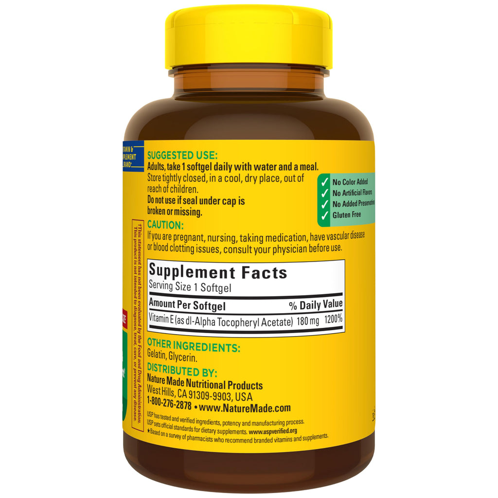 Nature Made Vitamin E 180 mg (400 IU) dl-Alpha, Dietary Supplement for Antioxidant and Skin Support, 300 Softgels, 300 Day Supply