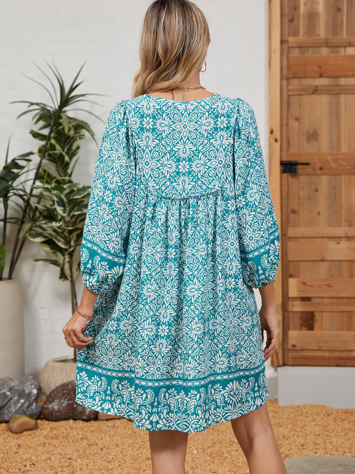 Qearal Womens Casual Dress for Summer Boho Dress Loose Flowy Beach Dress Short Sundress Cyan XL