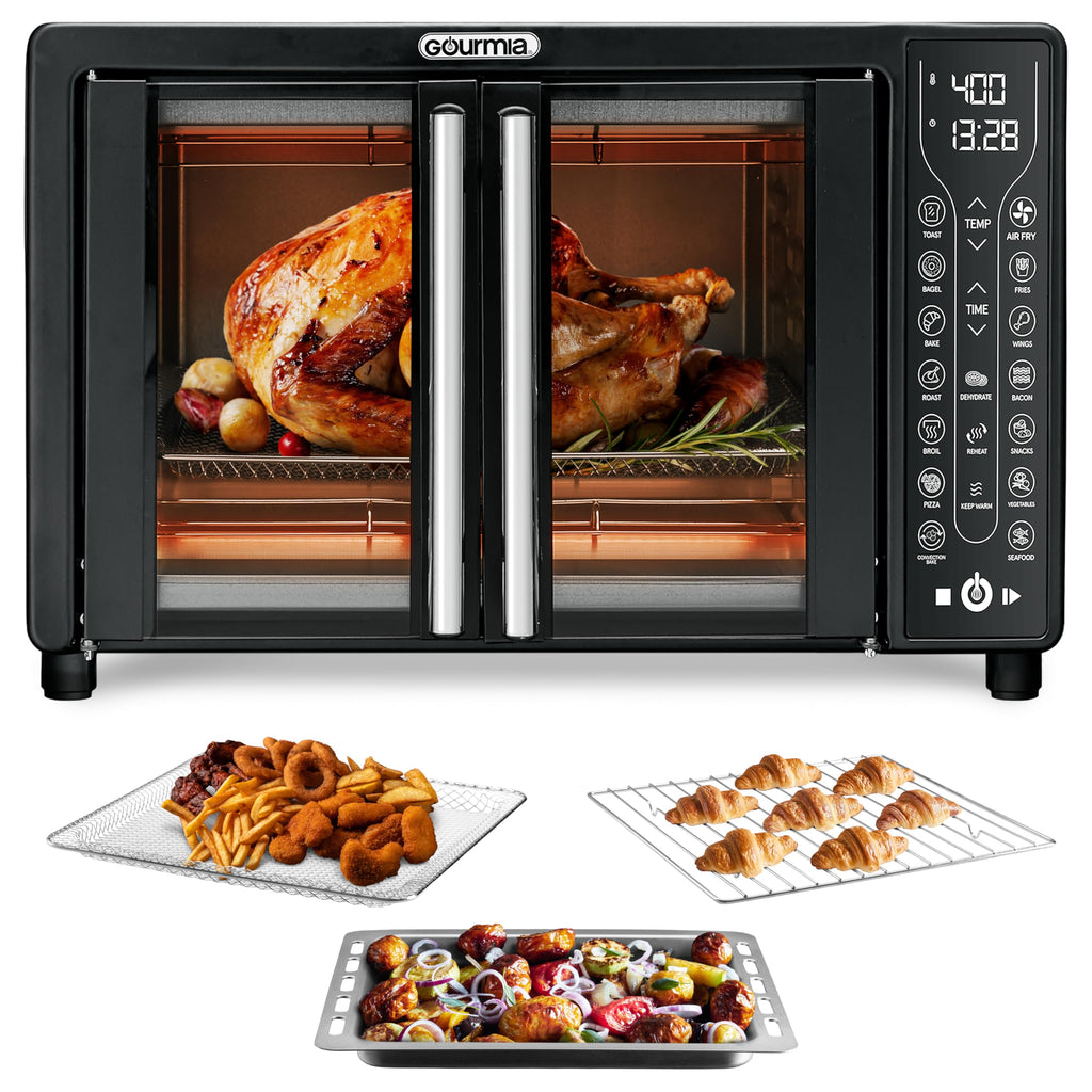 Gourmia French Door Air Fryer – 25 Qt Large Capacity Convection Oven, Fryforce 360°, Digital Display with 17 Cooking Presets, Bake, Toast, Roast, Dehydrate, Fits 12” Pizza