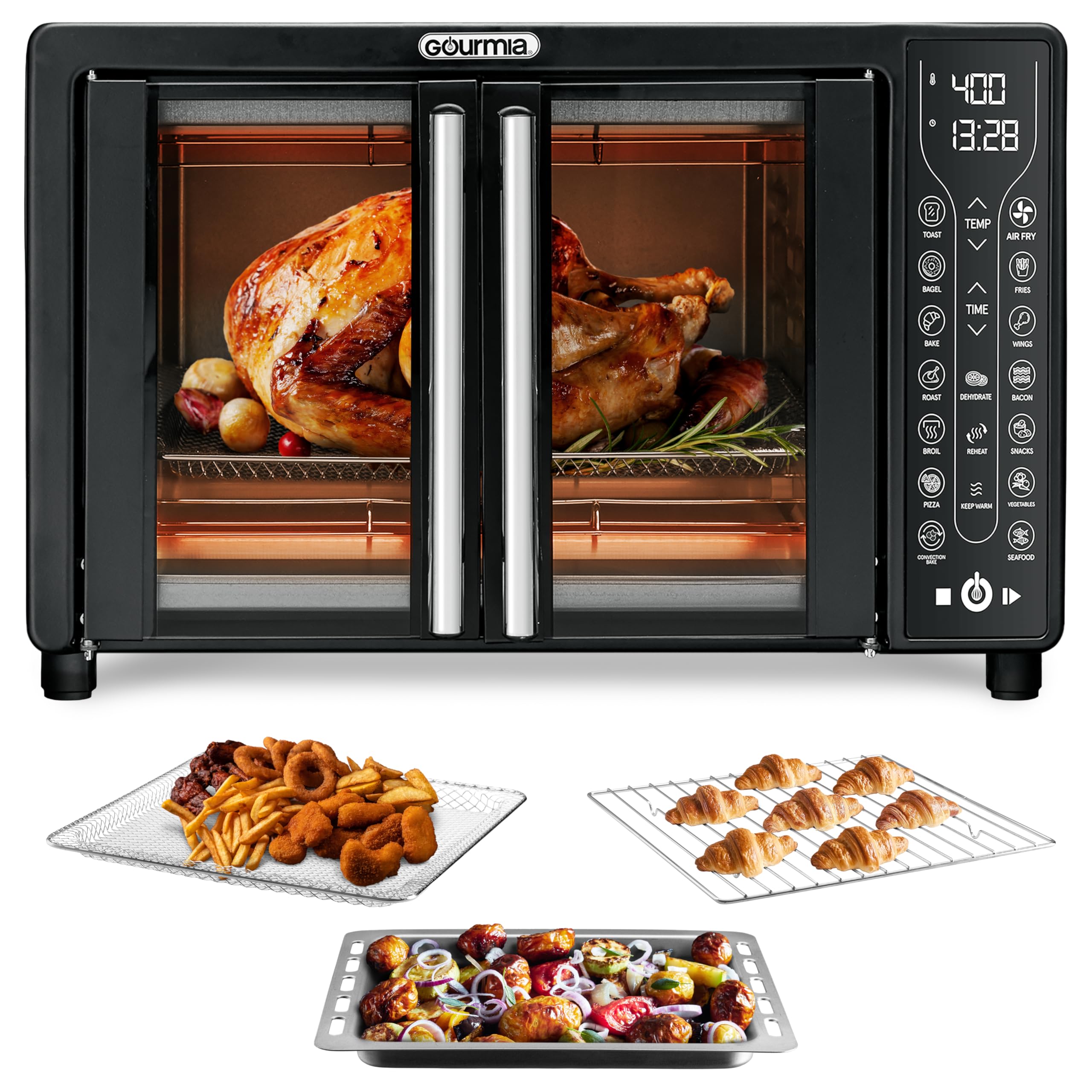 Gourmia French Door Air Fryer – 25 Qt Large Capacity Convection Oven, Fryforce 360°, Digital Display with 17 Cooking Presets, Bake, Toast, Roast, Dehydrate, Fits 12” Pizza