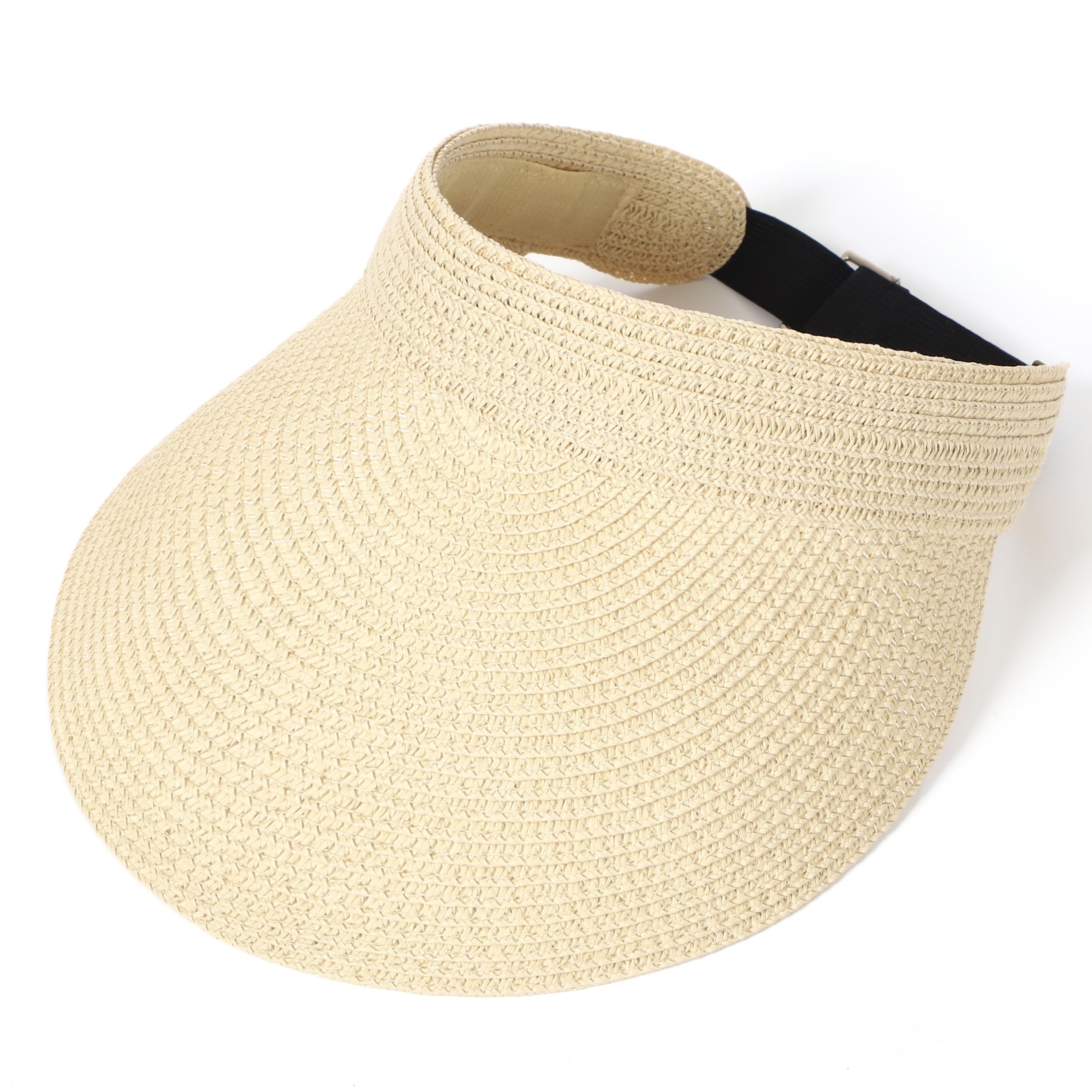 LA CARRIE Wide Brim Straw Visor for Women Sun Hat UV Protection Packable Beach Cap for Summer UPF 50+(Beige)