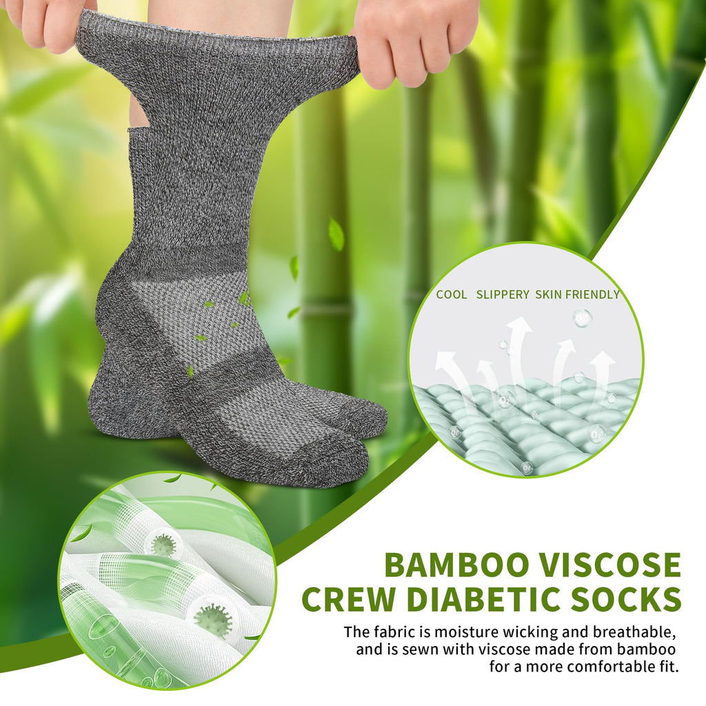 Revosoxs Diabetic Crew Socks for Men Women,Bamboo Viscose Non-Binding Loose Top Wide Socks with Seamless Toe 9-11 10-13（Dark B-Medium）