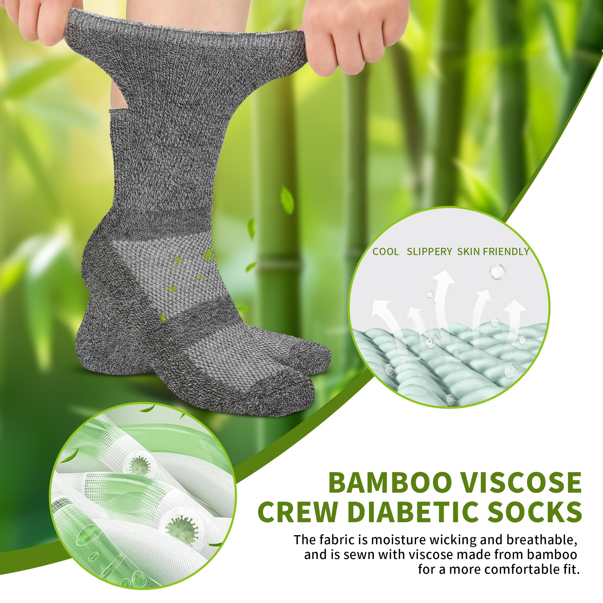 Revosoxs Diabetic Crew Socks for Men Women,Bamboo Viscose Non-Binding Loose Top Wide Socks with Seamless Toe 9-11 10-13（Dark B-Medium）