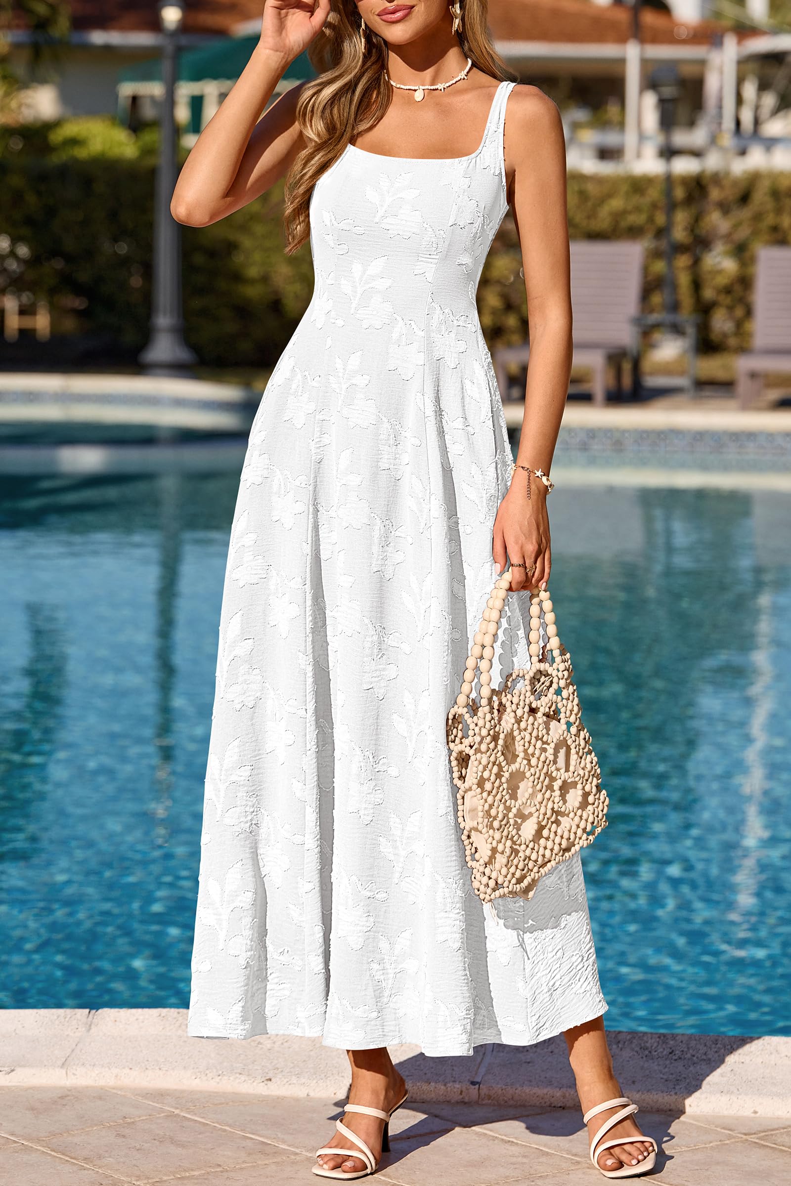 PRETTYGARDEN Womens Summer Maxi Dresses 2026 Casual Sleeveless Square Neck Formal Wedding Guest Beach Vacation Boho Dress (White,L)