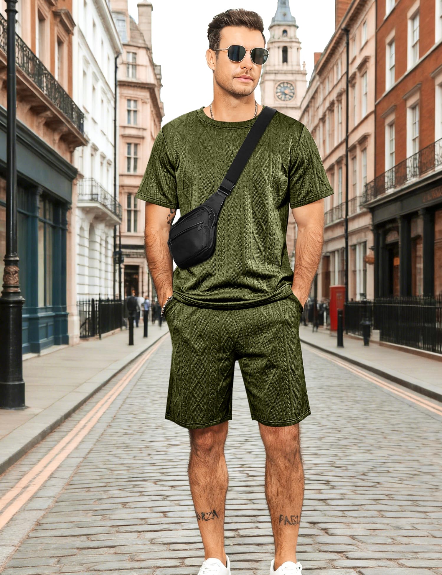 Babioboa Men's Short Sets 2 Piece Jacquard Outfit Summer Crewneck Shirt and Shorts Set Matching Lounge Set(Army Green,S)