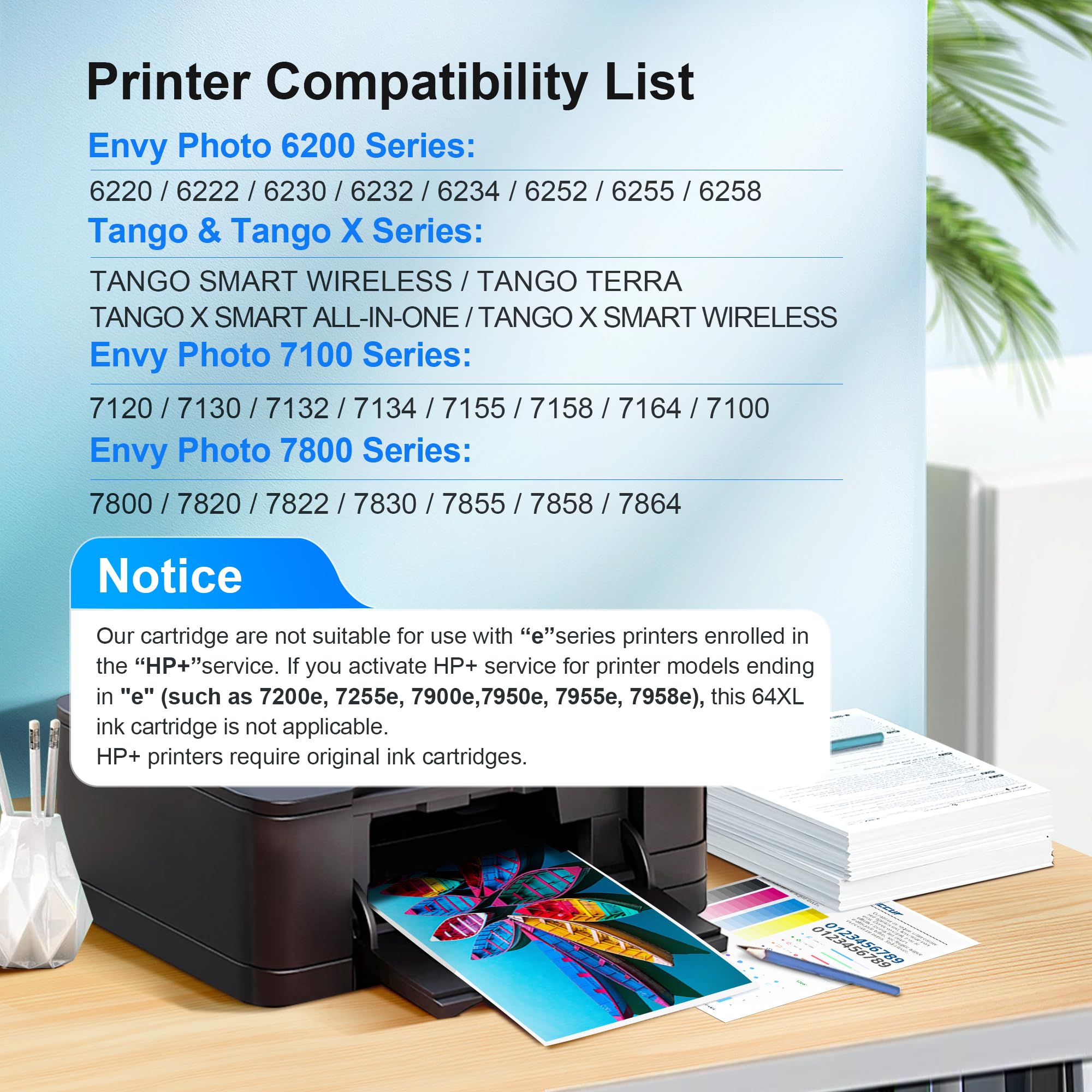 Adoccur 64XL Ink Cartridge Replacement for HP Ink 64 HP 64 Ink for HP 64XL Ink Cartridge Combo Pack Works with Envy Photo 7855 7858 6252 6255 7800 7100 7155 7158 Tango Series Printer (2 Pack)