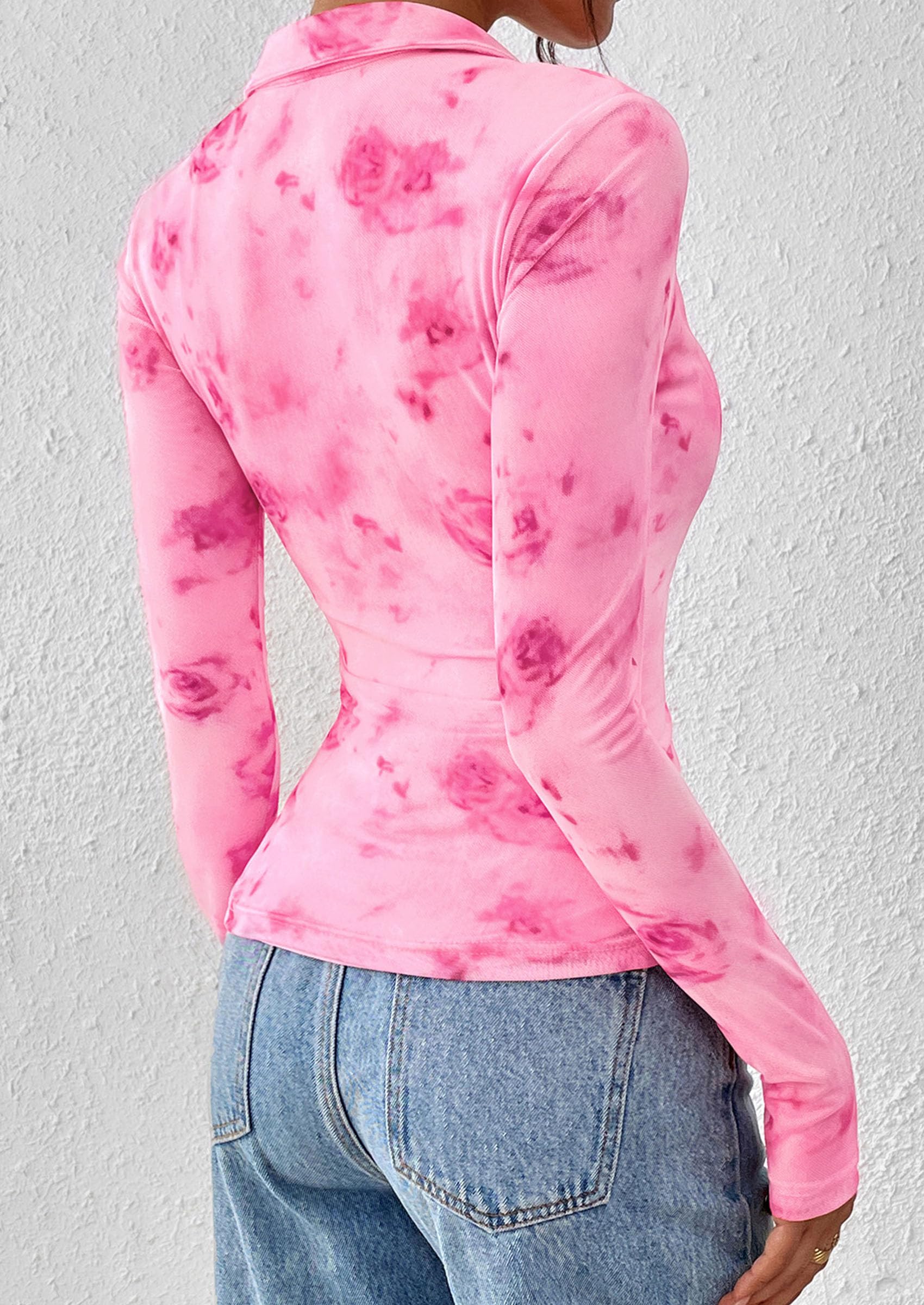 PRETTYGARDEN Women Button Down Floral Shirts 2026 Fall Trendy Long Sleeve V Neck Mesh Boho Blouse Spring Tops Date Outfits (Pink,Large)