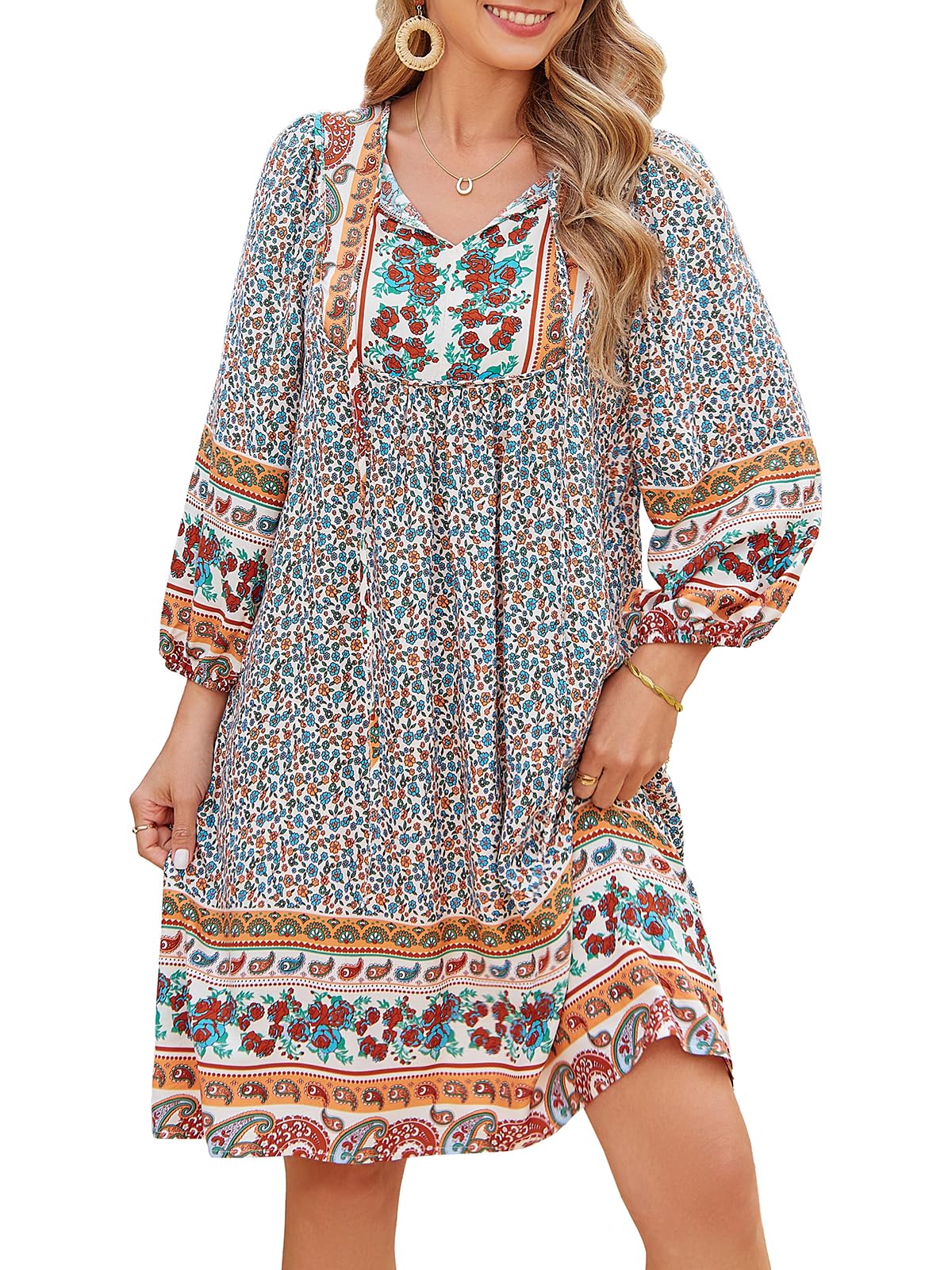 Qearal Summer Dresses for Women 2026 Vacation, 3/4 Sleeve Loose Tunic Dress Boho Beach Sun Dress Knee Length Apricot XL