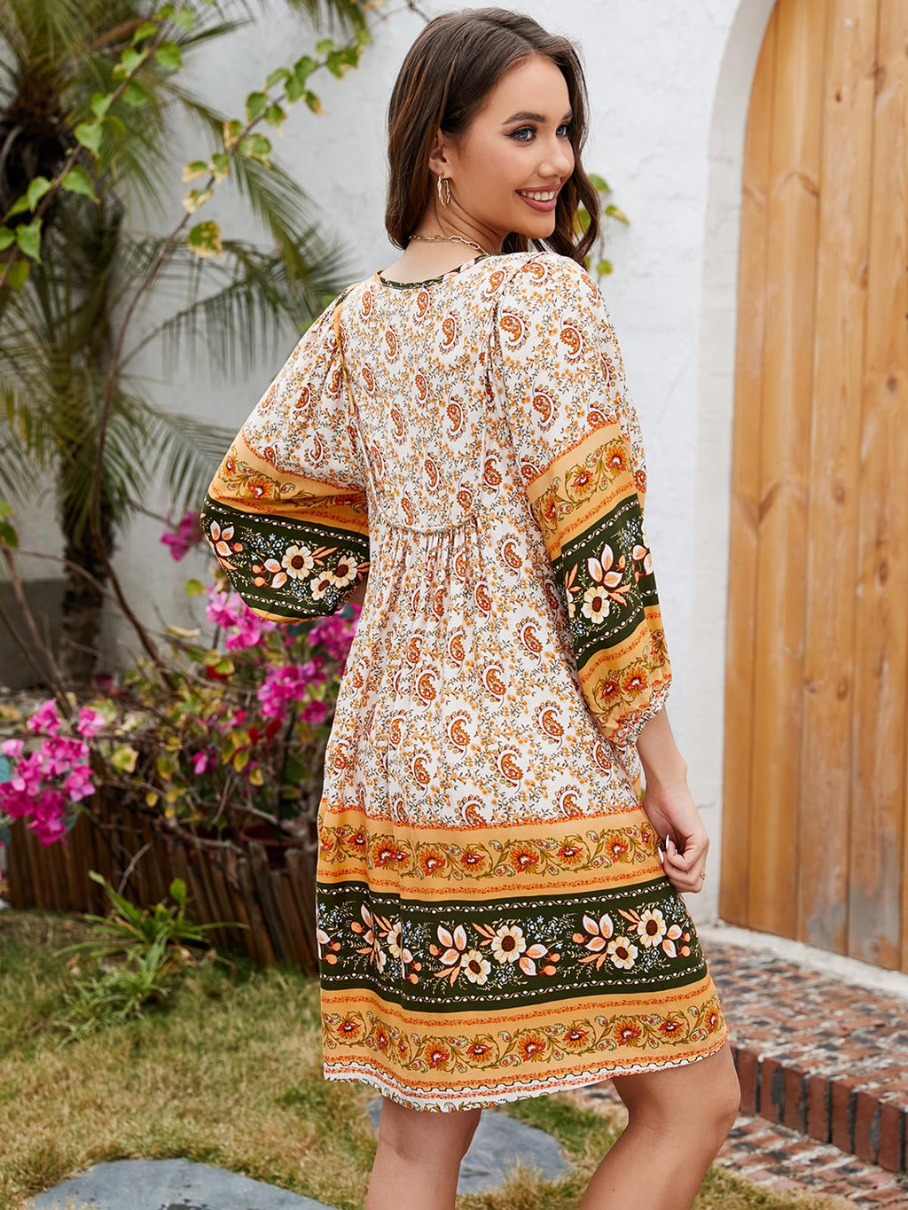 Qearal Casual Beach Dresses for Women 3/4 Sleeve Boho Floral Print Mini Dress Loose Fitting Dress Yellow XL
