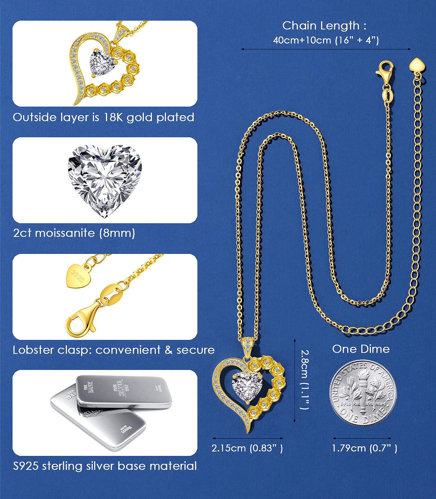 Beam & Bask 2 Carat Moissanite Rose Flower Heart Necklace for Her, Sterling Silver Plated with 18K Gold, Birthday, Wedding, Anniversary Pendant Jewelry for Girlfriend, Wife, Bride, Soulmate