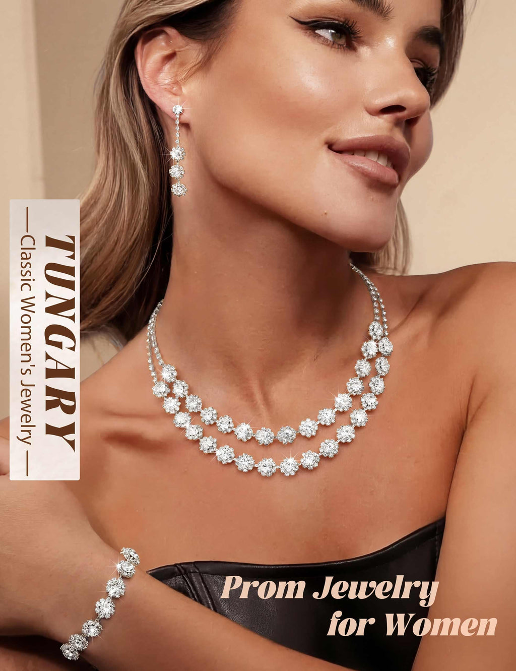 Tungary Silver Wedding Jewelry Sets for Women Hypoallergenic Choker Necklaces for Women Dangle Earrings Bracelet Adjustable Ring Wedding Jewelry Set for Bride Bridesmaid Party Prom Costume Accessories