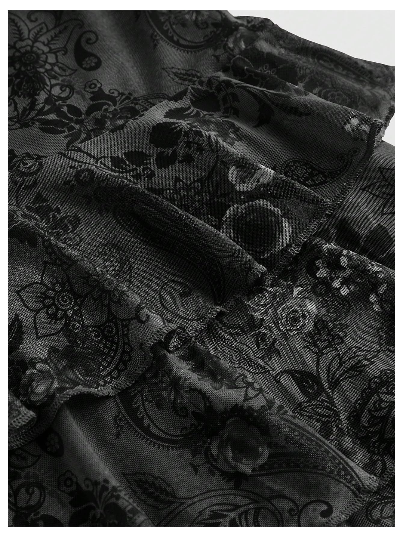 Verdusa Women's Y2k Outfits Gothic Dresses Vintage Boho Beaded Ruffle Lace Paisley Print Tiered Mini Summer Dress Black Medium