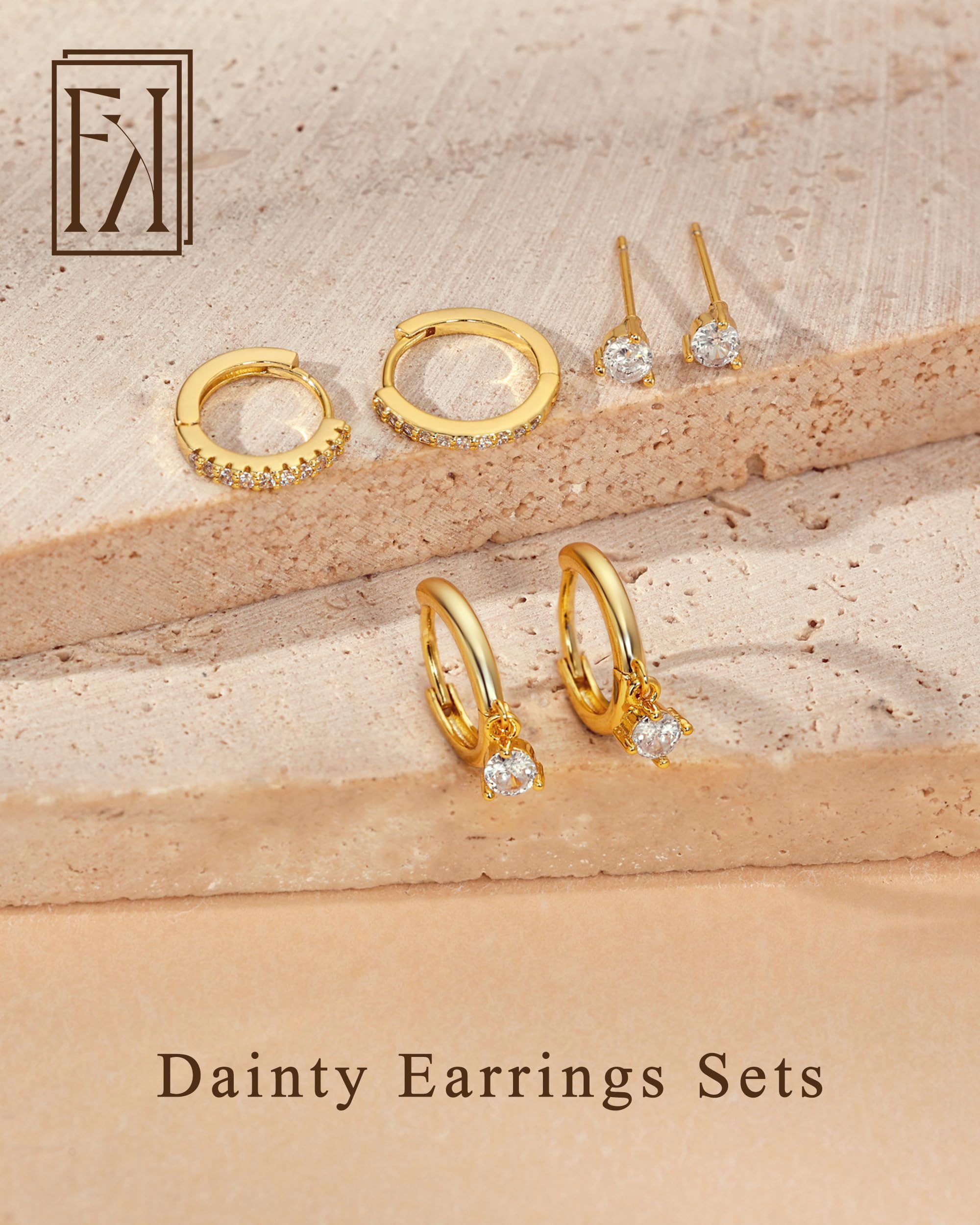 Freekiss Gold Stud Earrings for Women, Dainty Earring Set Simple Tiny 14K Gold Filled CZ Hypoallergenic Huggie Dangle Hoop Earrings Fashion Jewelry for Women Trendy Gifts