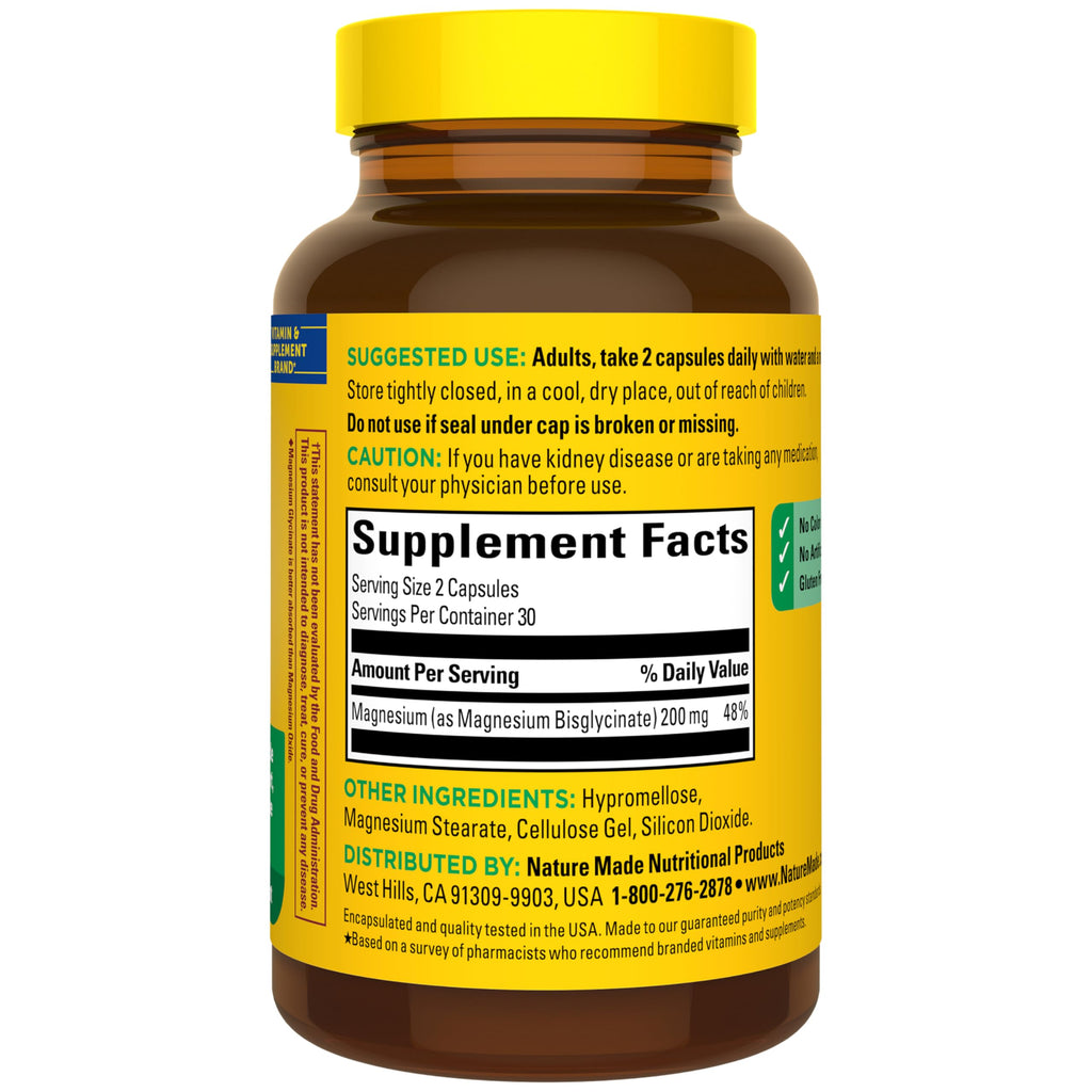 Nature Made Magnesium Glycinate 200 mg per Serving, Magnesium Supplement for Muscle, Heart, Nerve and Bone Support, 60 Magnesium Bisglycinate Capsules, 30 Day Supply