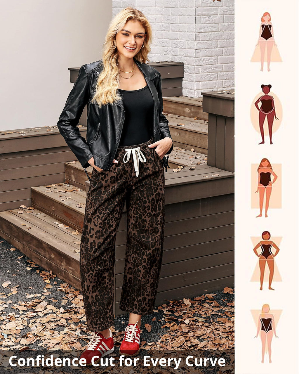 GRAPENT Elastic Waist Barrel Jeans for Women Wide Leg Jeans Women Leopard Print Barrel for Comfy Pants Crop Pants Womens Loose Womans Brown Leopard Size Large US 12 to 14