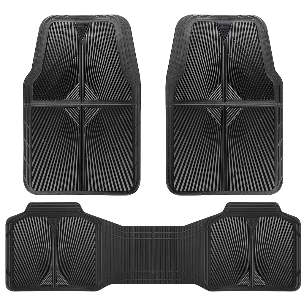 CAR PASS Rubber Floor Mats, All Weather Waterproof Trim-to-Fit Automotive Mats for Cars Trucks SUV, Anti-Slip Easy Clean, Heavy Duty Full Set 3-Piece, All Black