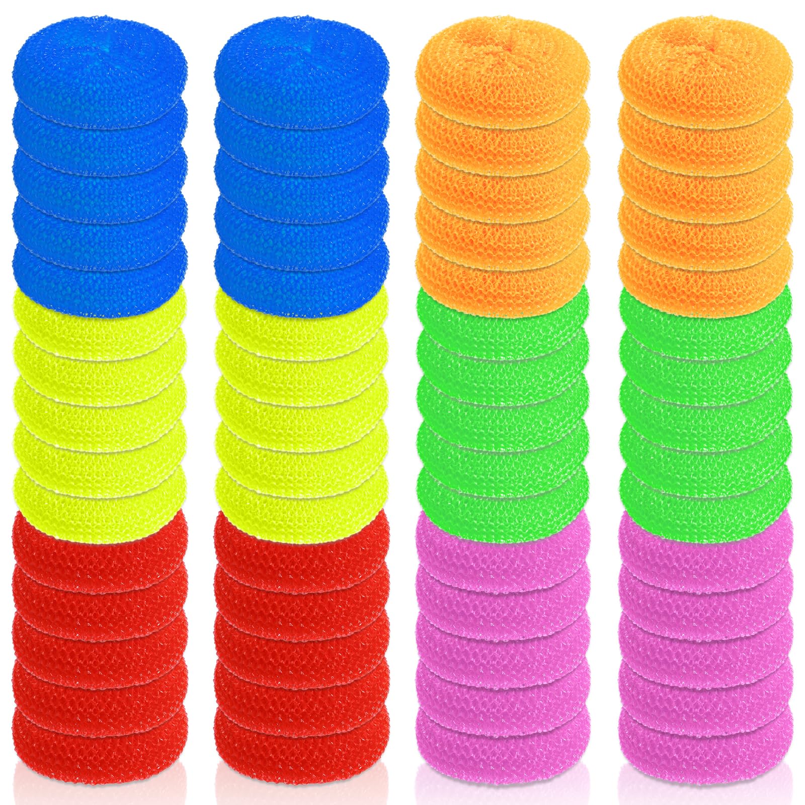 Acshio 60 Pack Plastic Dish Scrubbers, Round Mesh Scouring Non Scratch Pads, Assorted Color Reusable Nylon Dish Pot Washing Poly for Kitchen Household Cleaning, 6 Colors