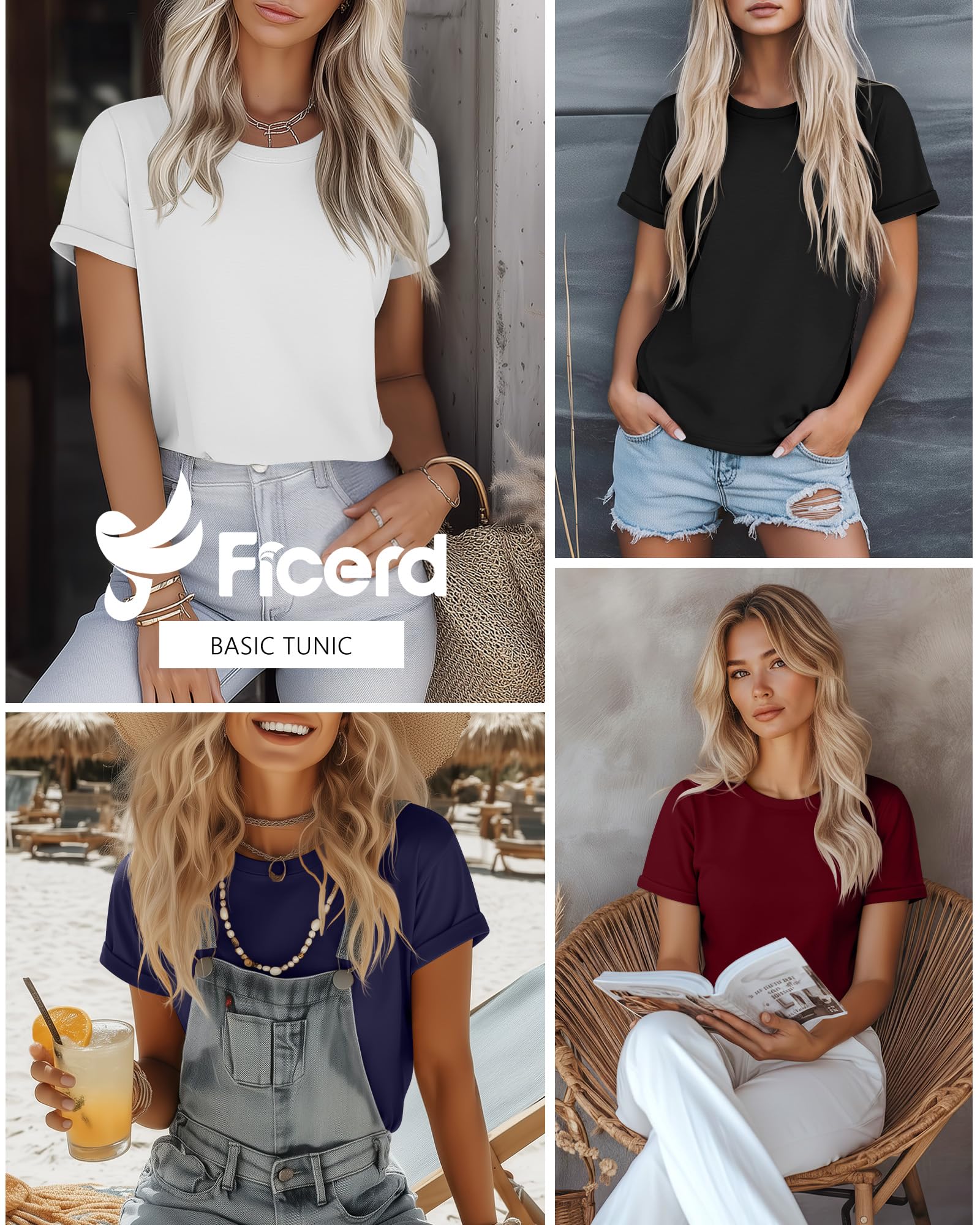 Ficerd 4 Pack Women's Cotton T Shirts Casual Short Sleeve Tunic Tops Crewneck Plain Summer Loose Fit Rolled Sleeve Basic Tee(Black, White, Navy Blue, Wine Red,XX-Large)