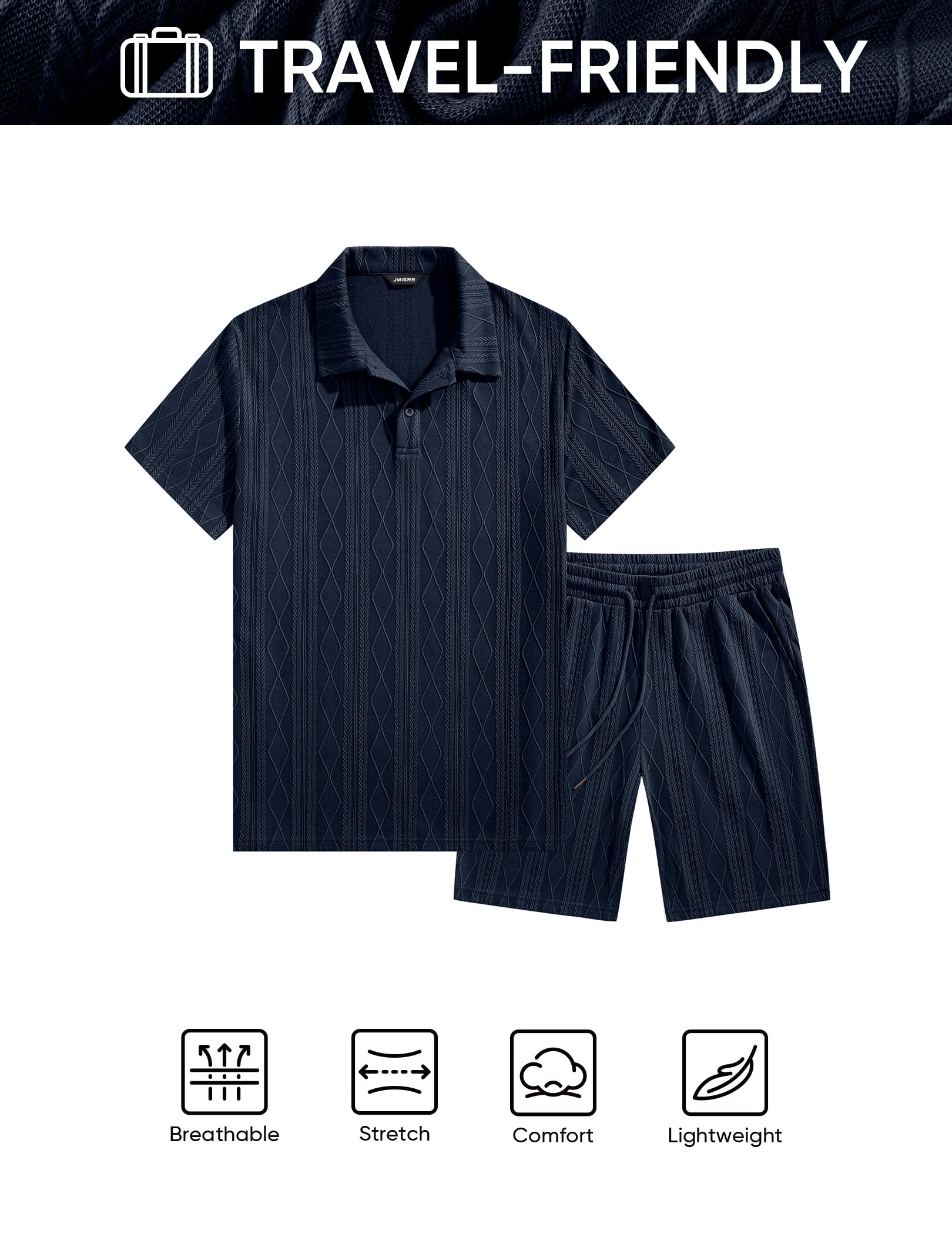 JMIERR Mens 2026 Casual 2 Piece Outfits Lounge Sets Jacquard Knit Short Sets Golf Short Sleeve Outfits for Beach Vacation