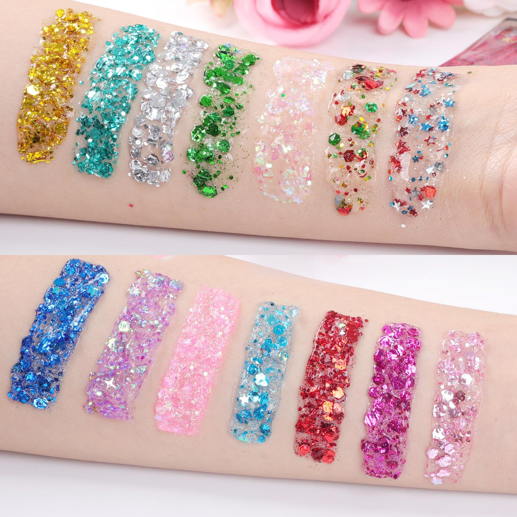 AROIC 14 Colors Body Glitter, Face & Hair Glitter Gel Set for Mardi Gras, Eye Shimmer for Women Glow in the Dark Rave Accessories Party Supplies, Face Paint Hair/Cheek/Eyelid Sparkle Makeup(18ml/Tube)