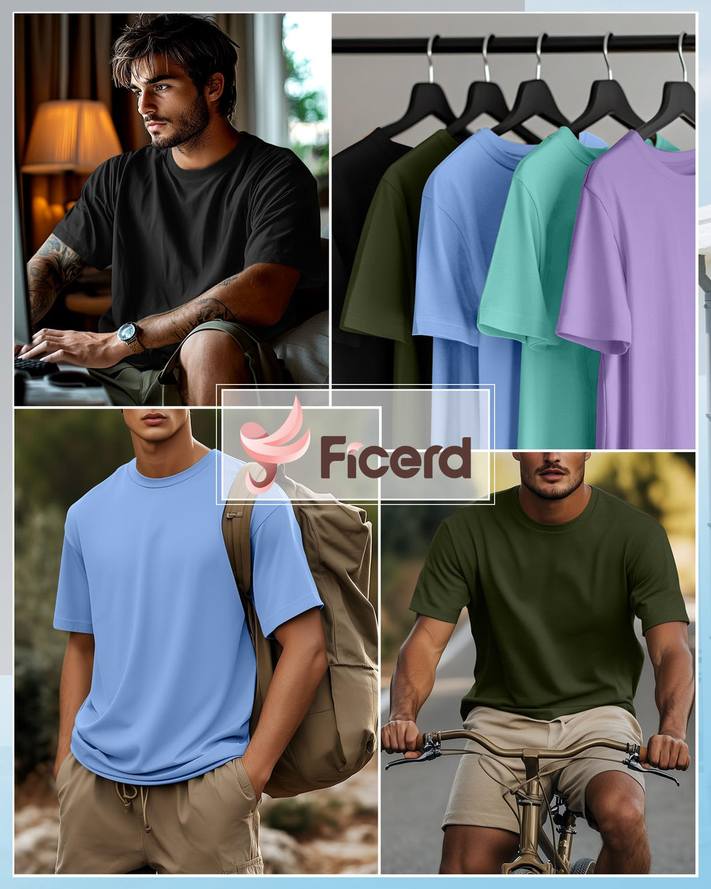 Ficerd 5 Pack Men's Big and Tall Shirts Short Sleeve Cotton Tee Summer Crew Neck Oversize Top Loose Fit Shirt Multipack(Black, Army Green, Sky Blue, Teal, Lavender Purple,6X-Large)