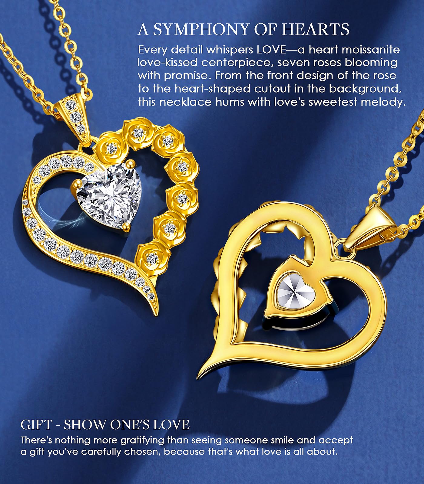 Beam & Bask 2 Carat Moissanite Rose Flower Heart Necklace for Her, Sterling Silver Plated with 18K Gold, Birthday, Wedding, Anniversary Pendant Jewelry for Girlfriend, Wife, Bride, Soulmate