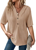 Dokotoo Summer Sweaters for Women Lightweight Waffle Knit Short Sleeve Shirt Button V Neck Oversized Casual Elegant Ladies Tops and Blouses Soft Pullover Sweatshirt Vacation Outfits Apricot Large