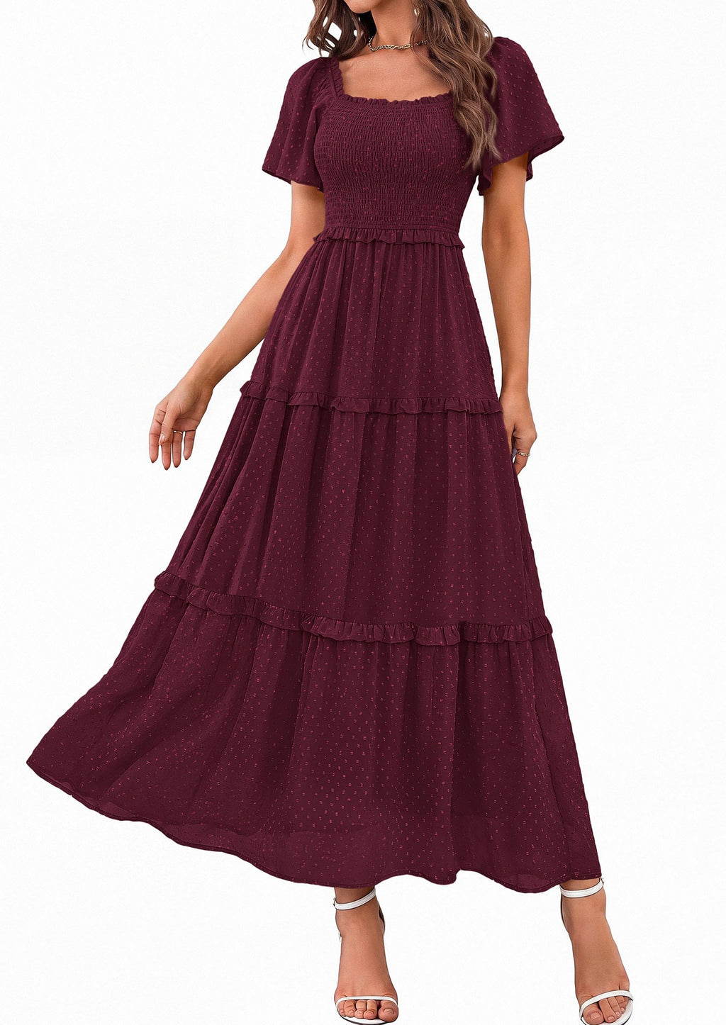 PRETTYGARDEN Summer Dresses for Women 2026 Boho Maxi Smocked Spring Wedding Guest Square Neck Short Sleeve Swiss Dot Dress (Wine Red,X-Large)