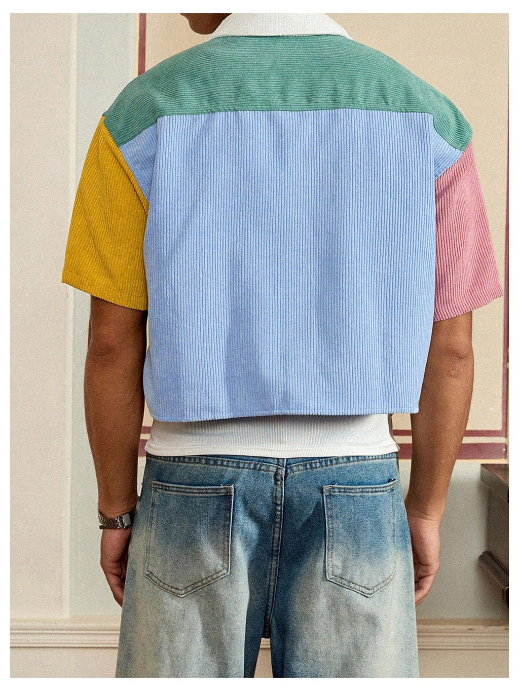 GORGLITTER Men's Striped Cropped Shirt Button Down Cool Short Sleeve Colorblock Collar Casual Streetwear Crop Top Tee Multicolor Large