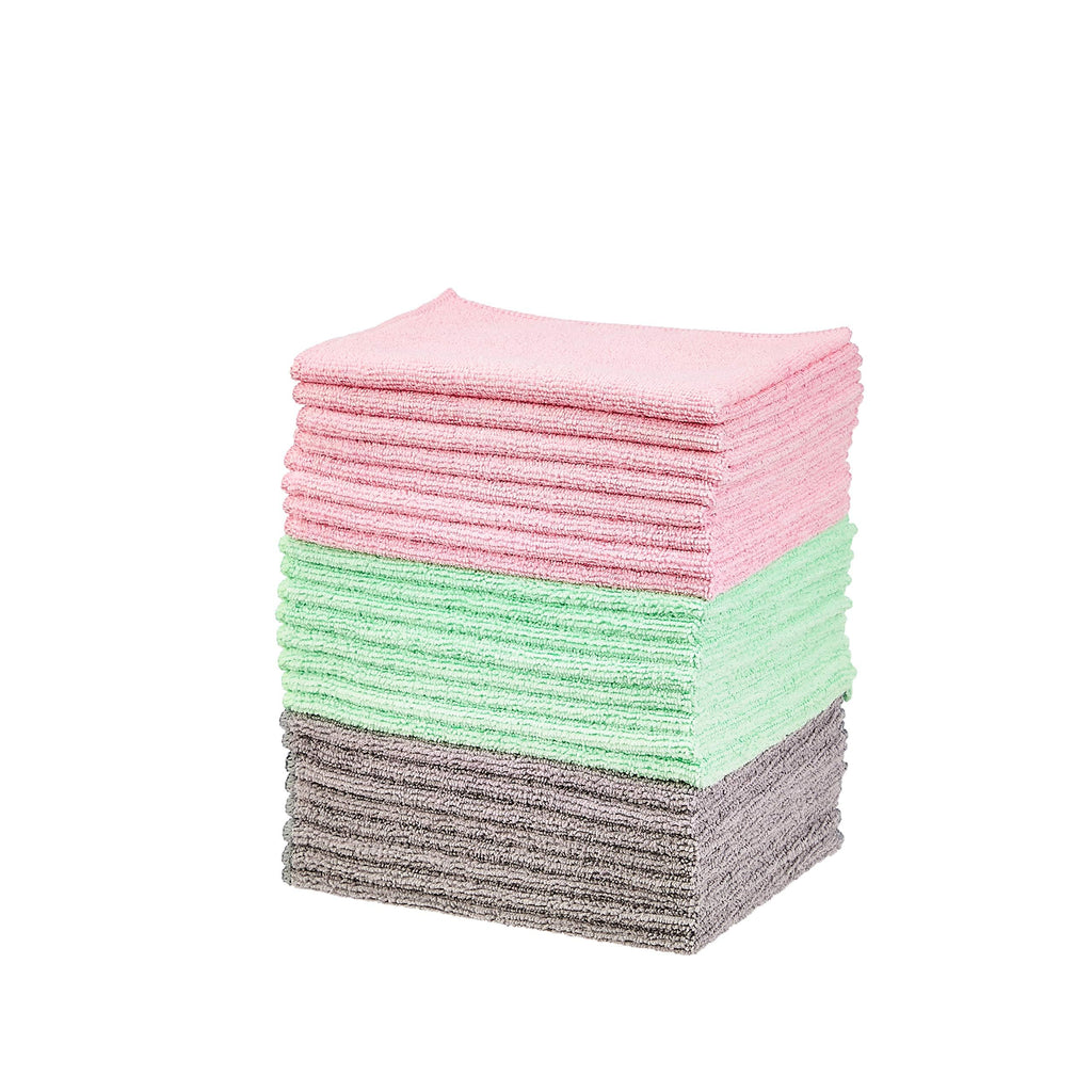 Amazon Basics Microfiber Cleaning Cloths, Ultra-Soft and Highly Absorbent, Streak-Free, Lint-Free, Scratch-Free, Washable, for Car Detailing and Glass Cleaning, 16" x 12", Green/Gray/Pink, 24-Pack