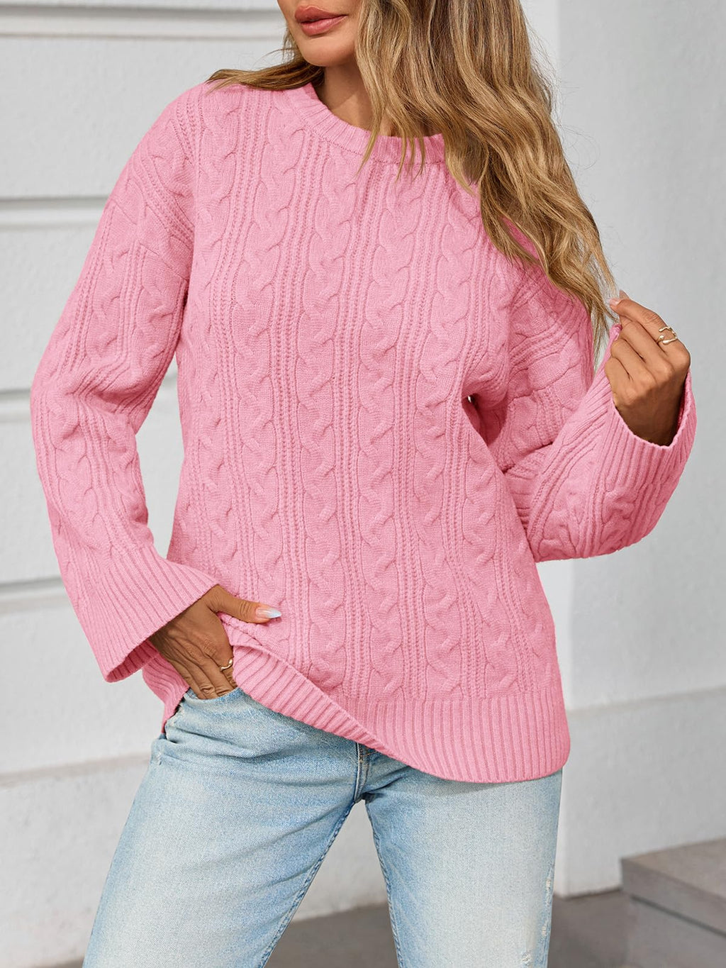 Saodimallsu Womens Cable Knit Sweater Oversized Long Sleeve Chunky Knit Crew Neck Fall Pullover Sweaters Top Pink