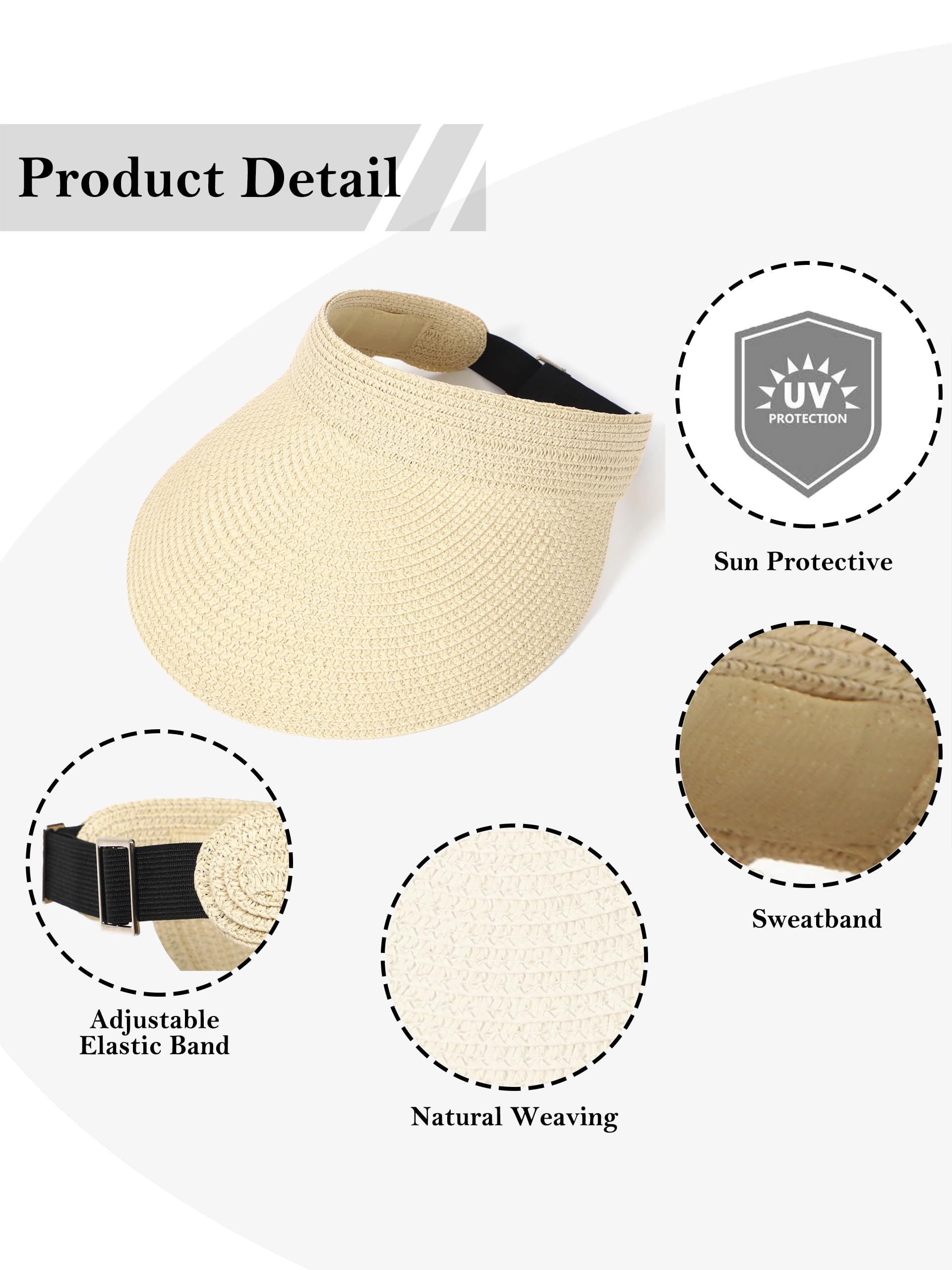 LA CARRIE Wide Brim Straw Visor for Women Sun Hat UV Protection Packable Beach Cap for Summer UPF 50+(Beige)
