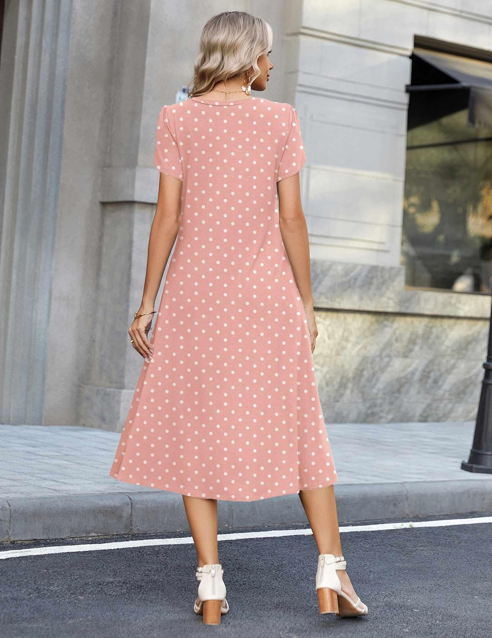 Zeagoo Polka Dot Dress for Women Midi Summer Dresses 2026 Short Sleeve Dress Casual Pleated Long Dresses Pleated Sundress, Pink Dot L
