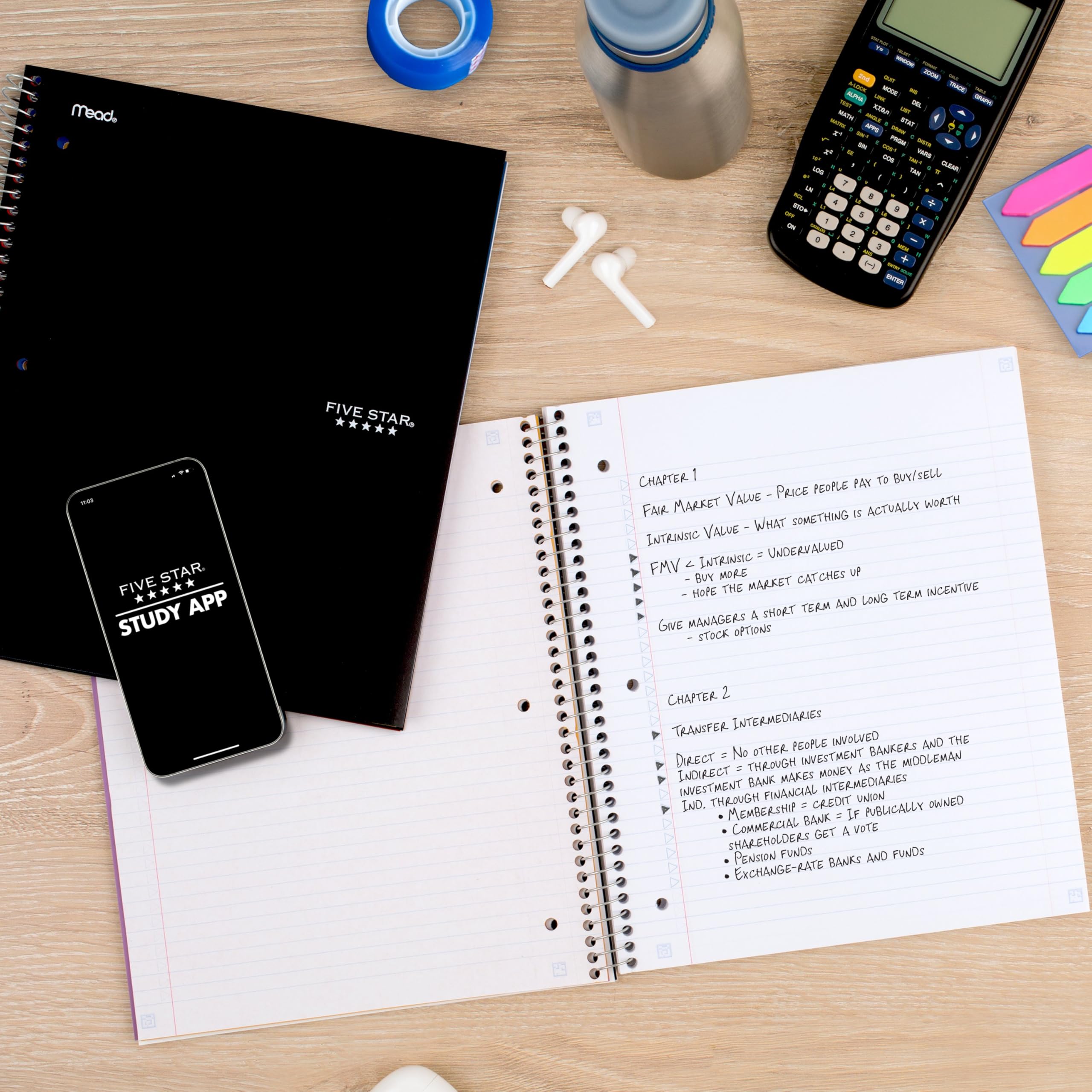 Five Star Spiral Notebook + Study App, 5 Subject, College Ruled Paper, 8-1/2" x 11", 200 Sheets, Fights Ink Bleed, Water Resistant Cover, Black (72081)