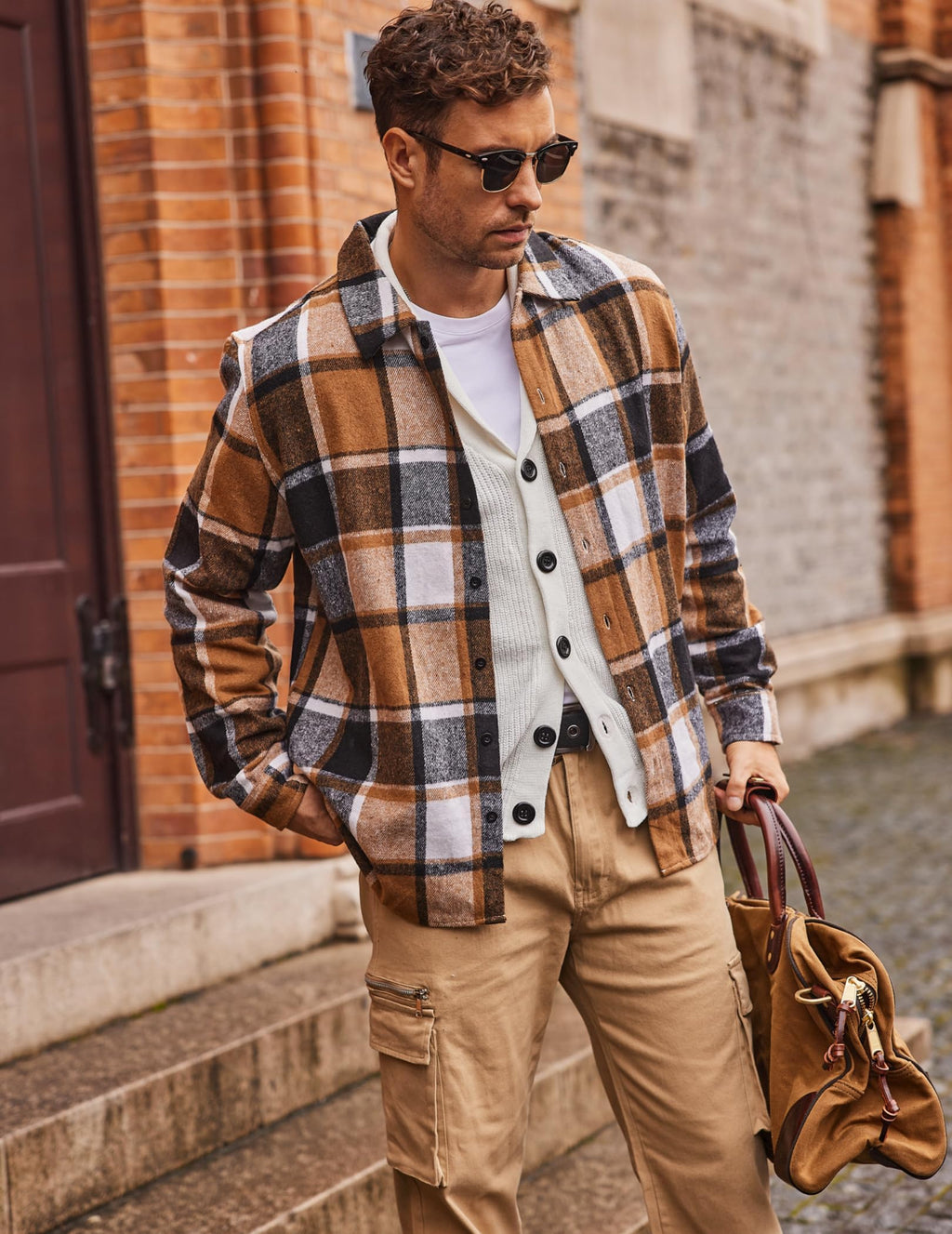 COOFANDY Men's Fleece Lined Button Up Shirt Vintage Orange Flannel Jacket for Men Long Sleeve Classic Plaid Shirts