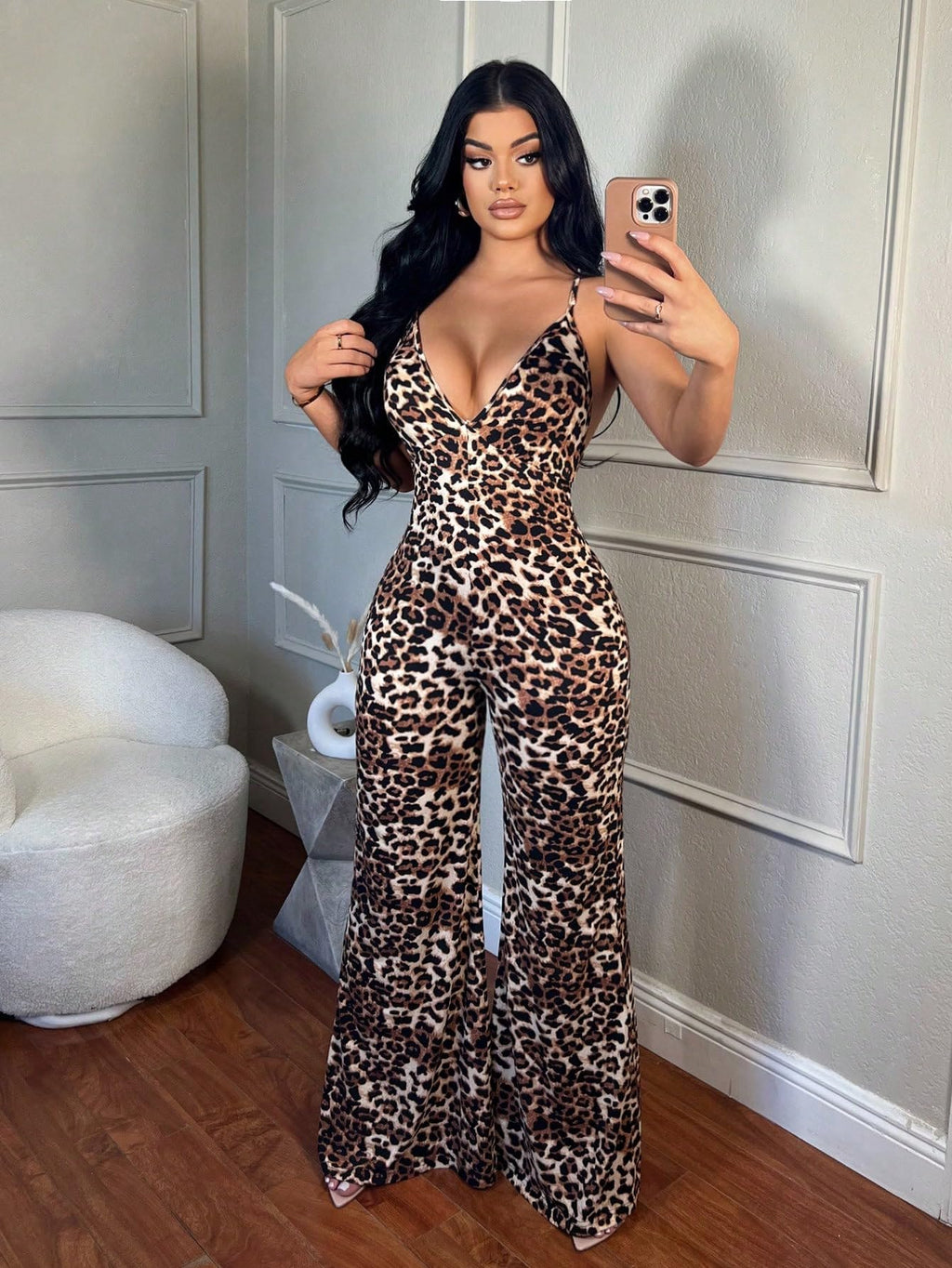 WDIRARA Women's Sexy Wide Leg Night Out Leopard Print Jumpsuits Brown 3X-Large
