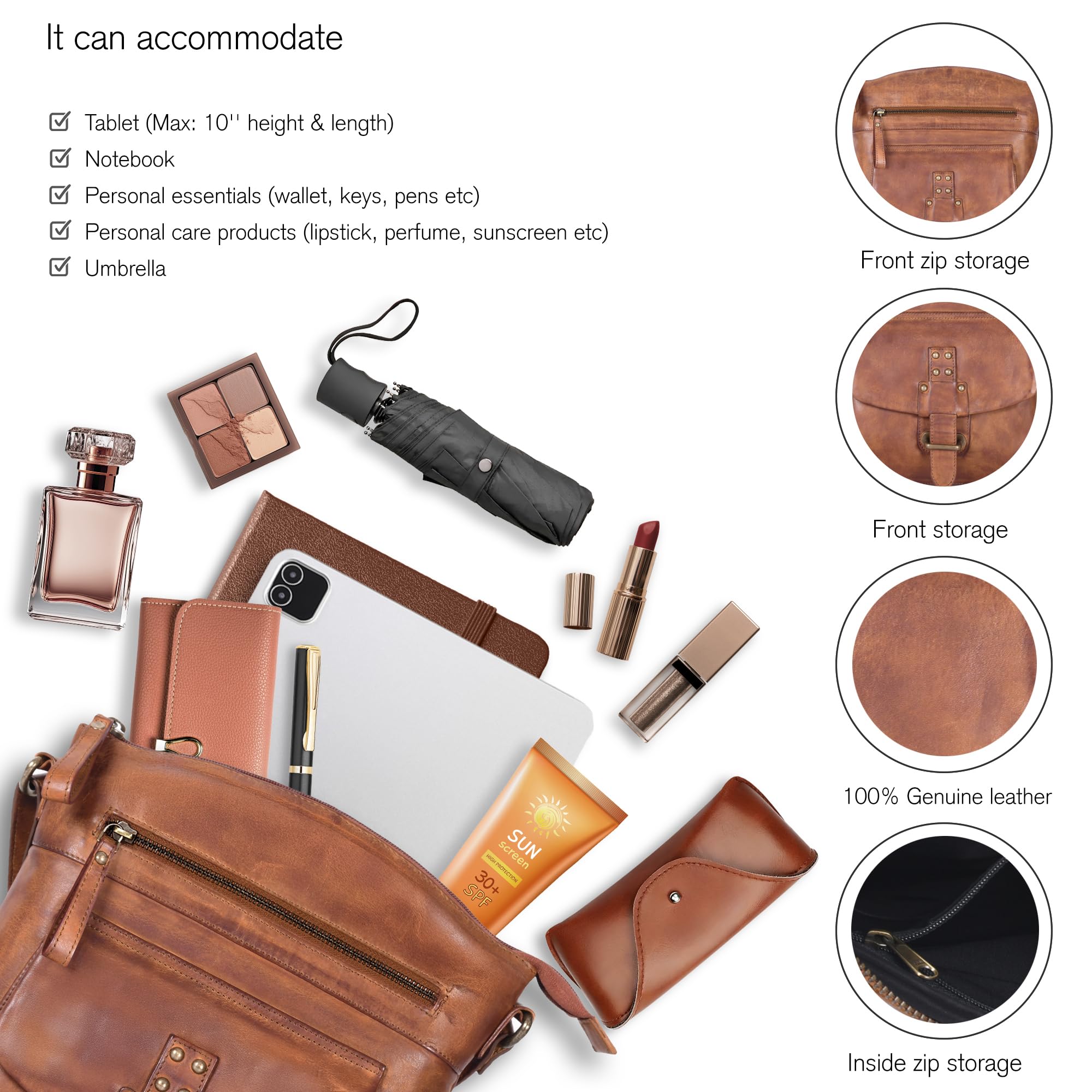 Oak Leathers Leather Crossbody Bag For Women With Adjustable Sling Strap - Medium Size Crossover Shoulder Handbag Purse (Tan Wash)